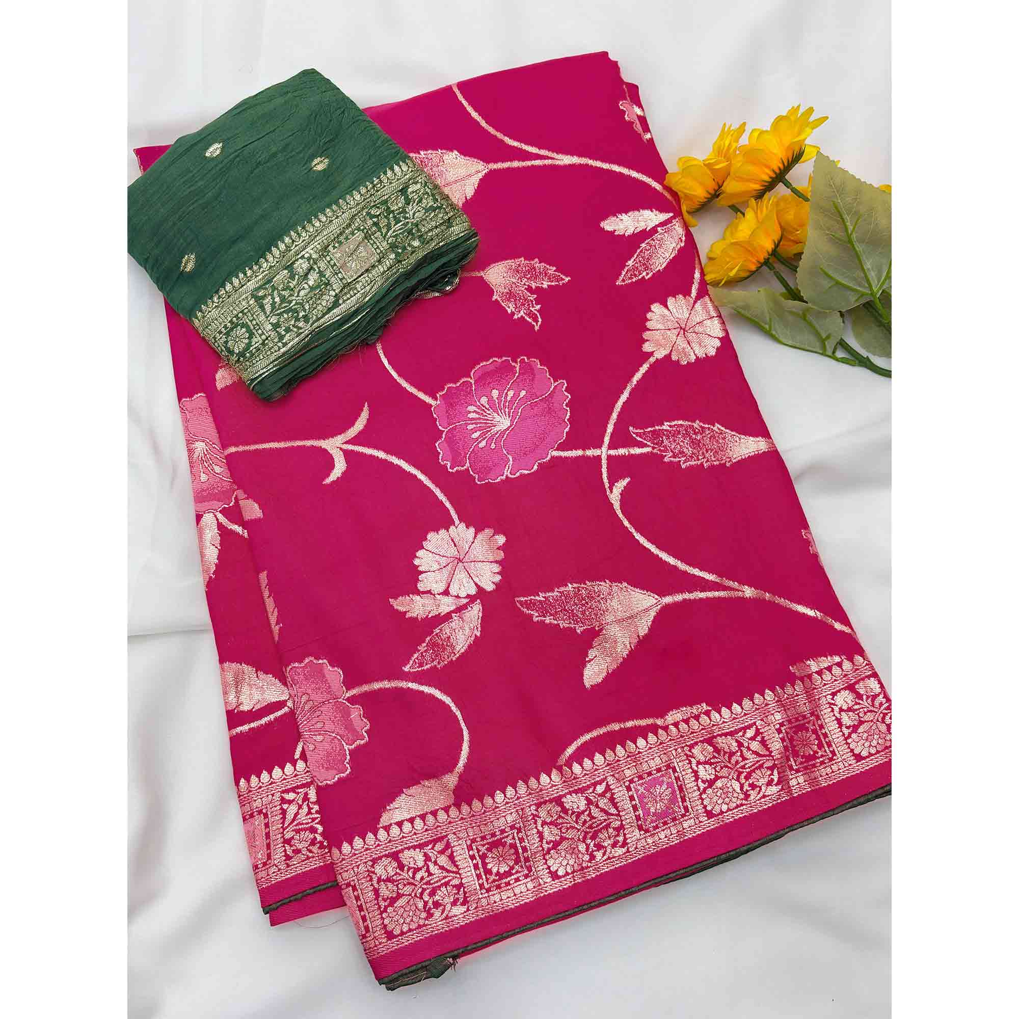 Pink Graceful Soft Muslin Saree Highlighted with Premium Meenakari Zari Work - Image 3