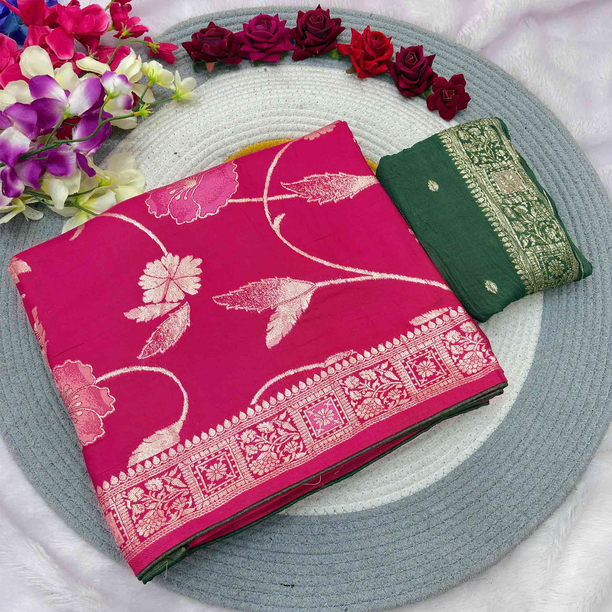 Pink Graceful Soft Muslin Saree Highlighted with Premium Meenakari Zari Work - Image 5