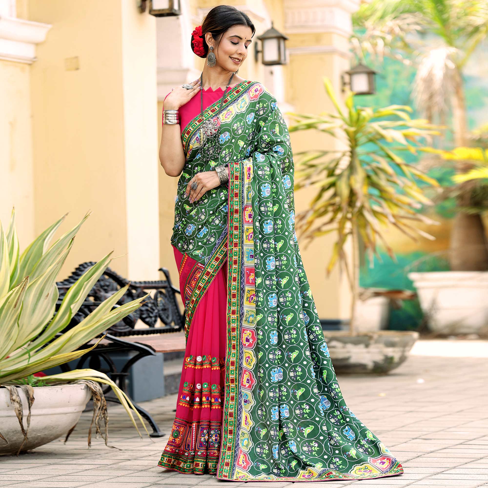 Pink & Green Patola Print With Embroidered Georgette Half & Half Saree - Image 2