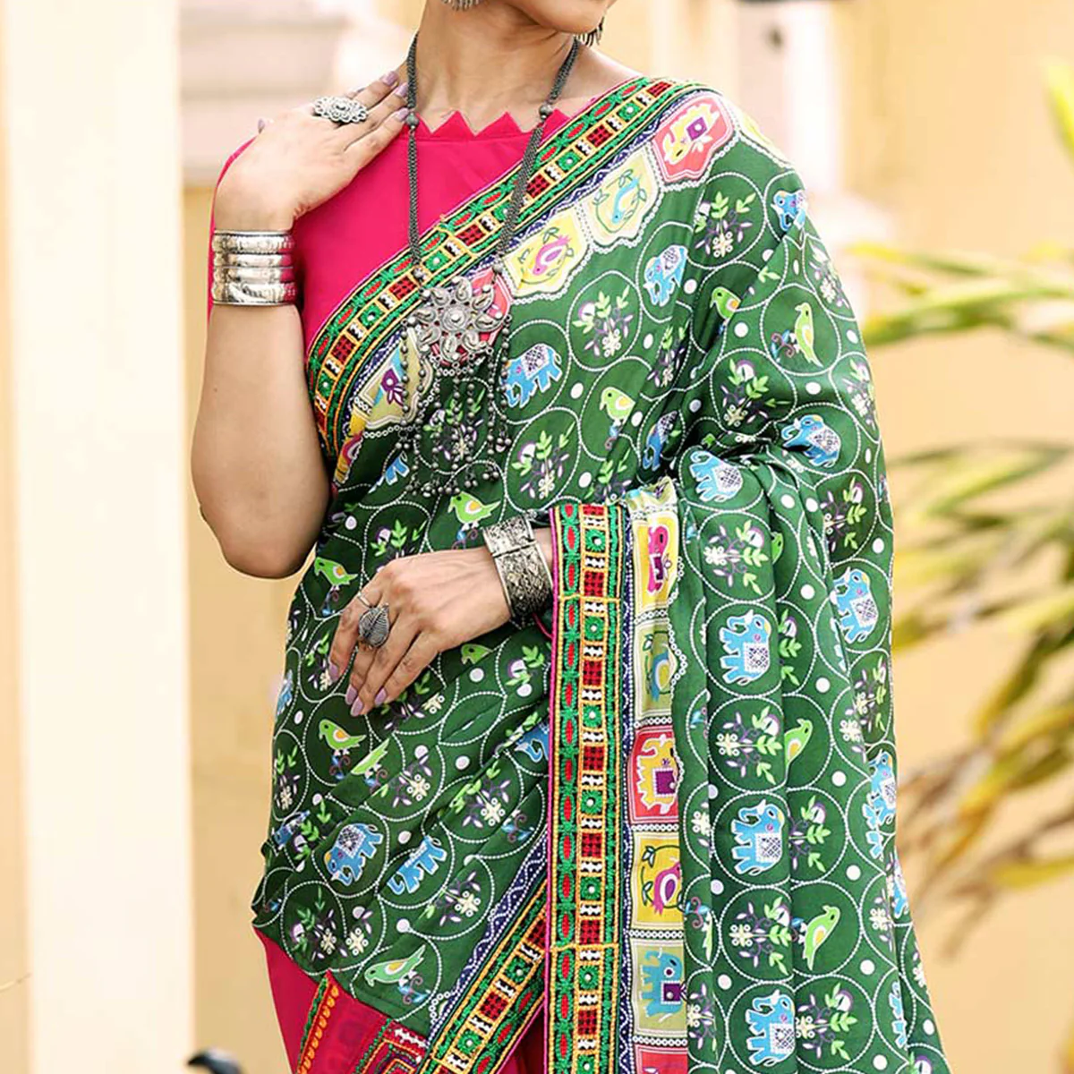 Pink & Green Patola Print With Embroidered Georgette Half & Half Saree - Image 3