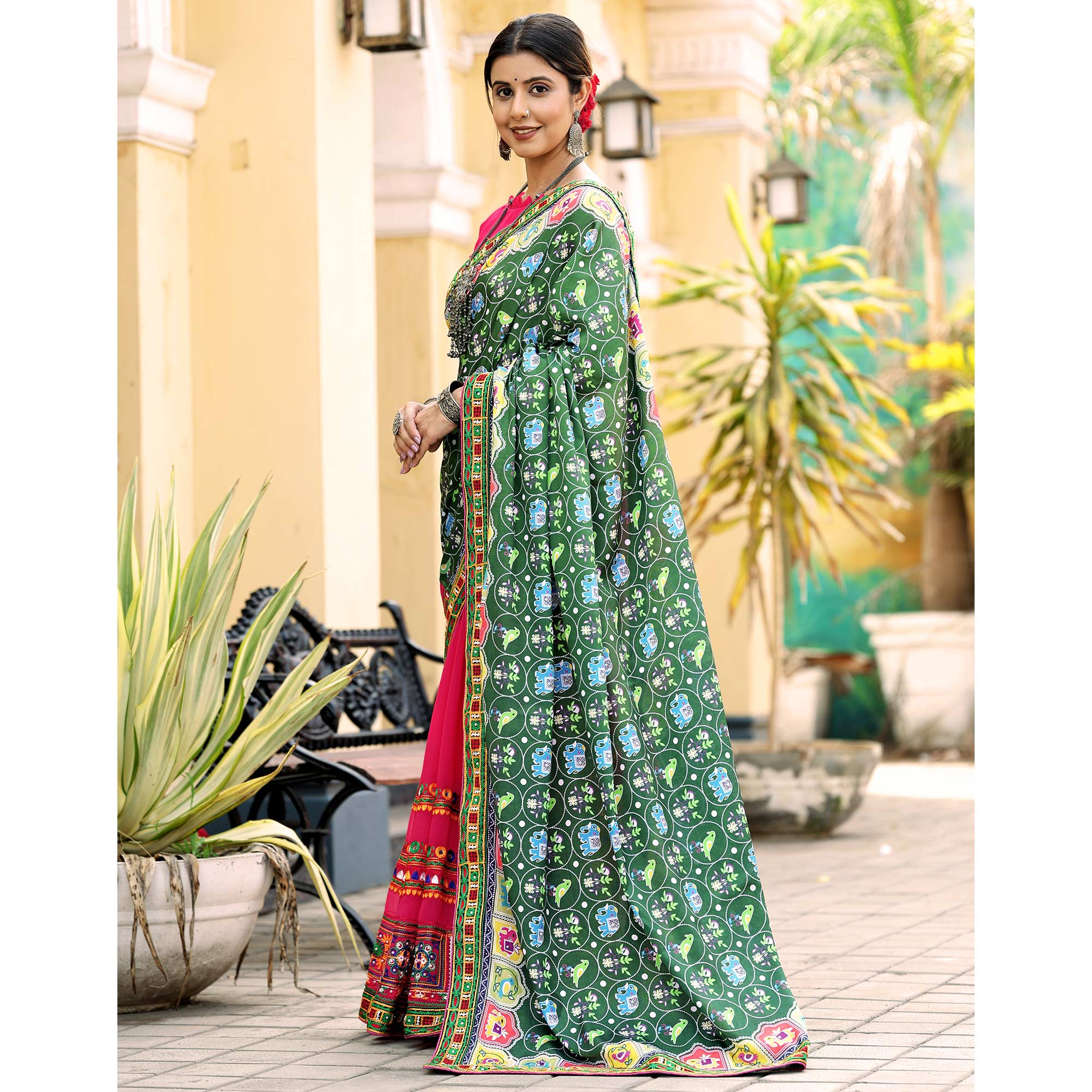 Pink & Green Patola Print With Embroidered Georgette Half & Half Saree - Image 4