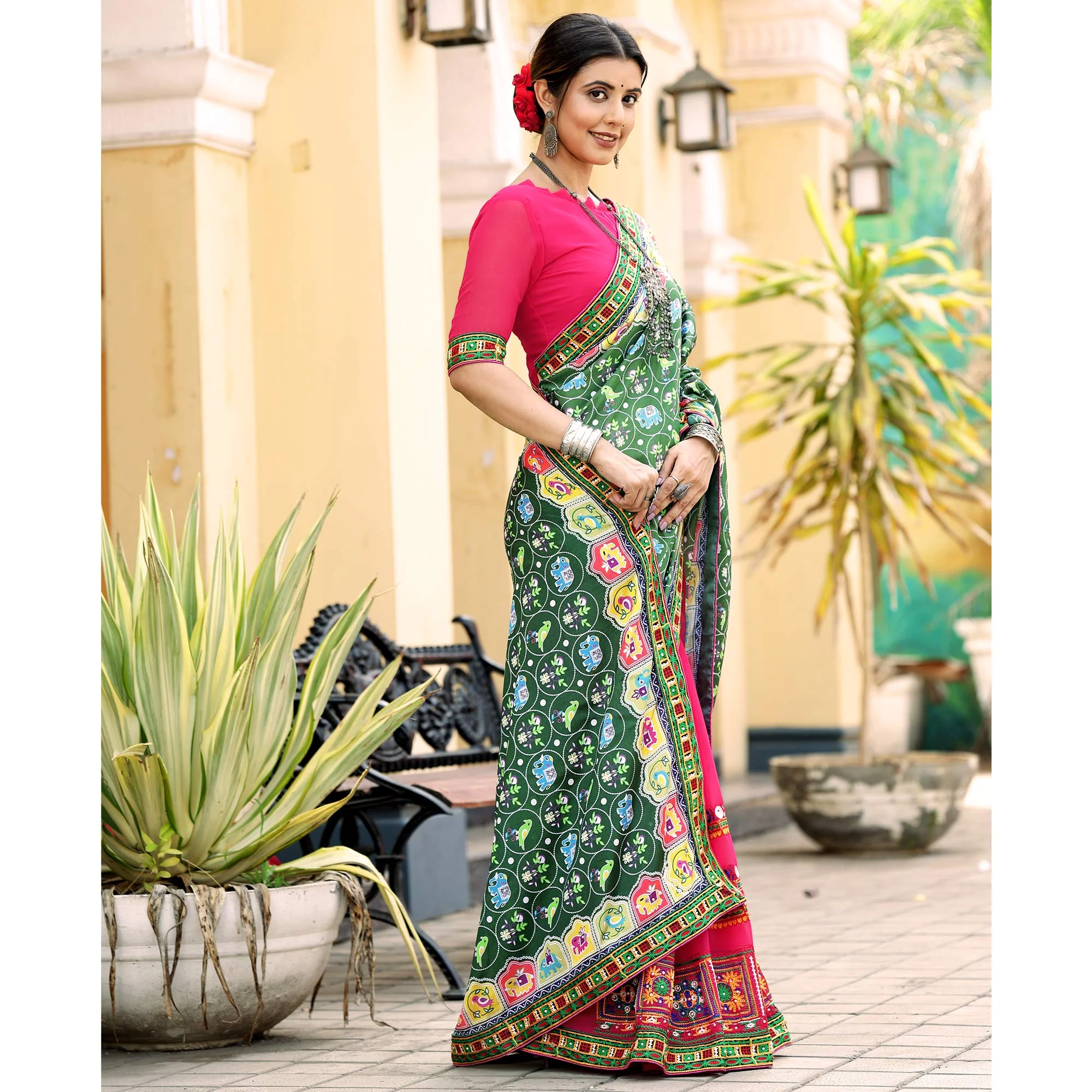 Pink & Green Patola Print With Embroidered Georgette Half & Half Saree - Image 5