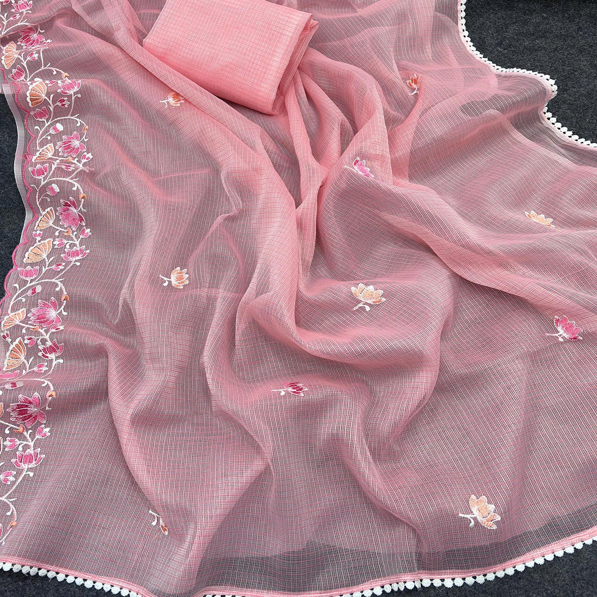 Pink Handwoven Kota Doria Saree Featuring Rich Gota Work for a Festive Look - Image 3