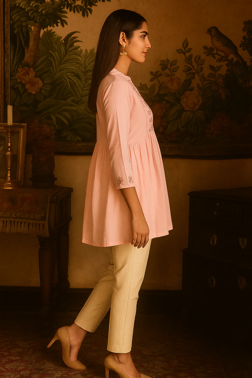 Pink Heavy Rayon Tunic Top with Delicate Floral Embroidery - Image 4