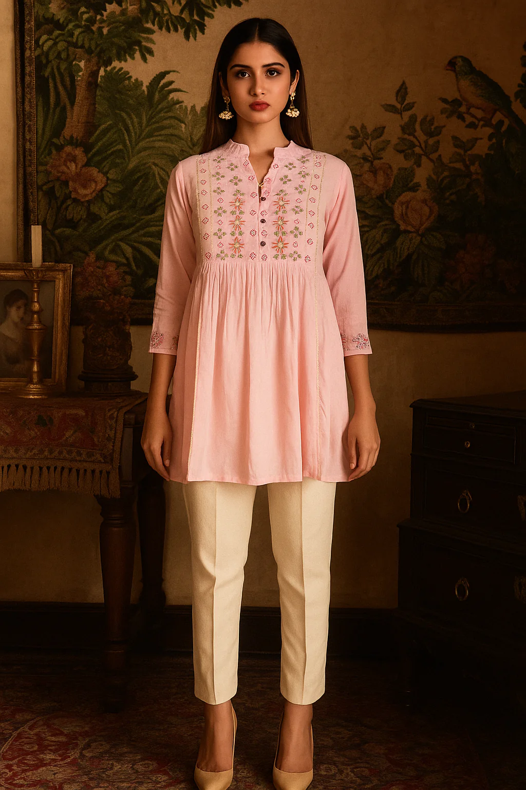 Pink Heavy Rayon Tunic Top with Delicate Floral Embroidery - Image 5