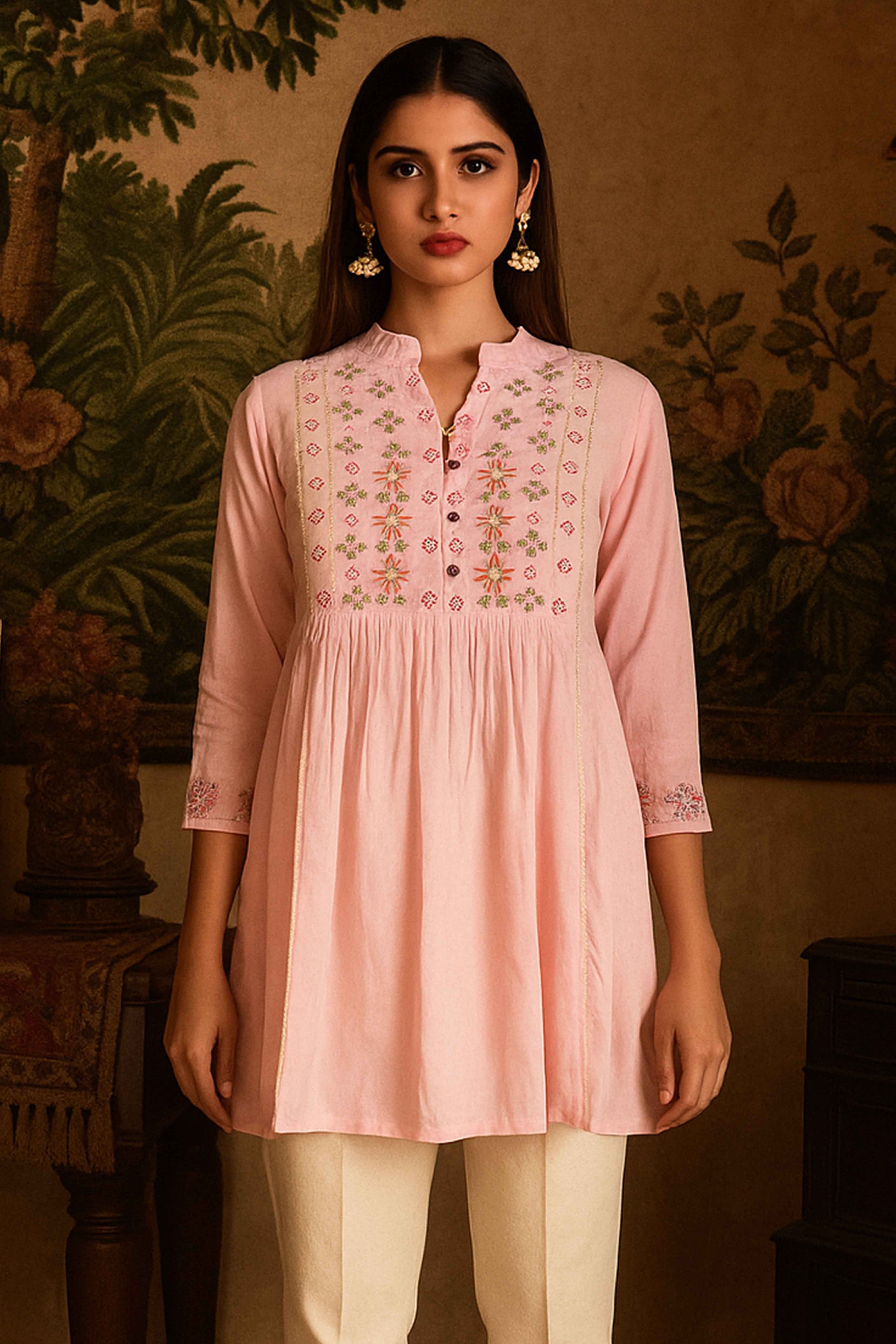 Pink Heavy Rayon Tunic Top with Delicate Floral Embroidery - Image 6