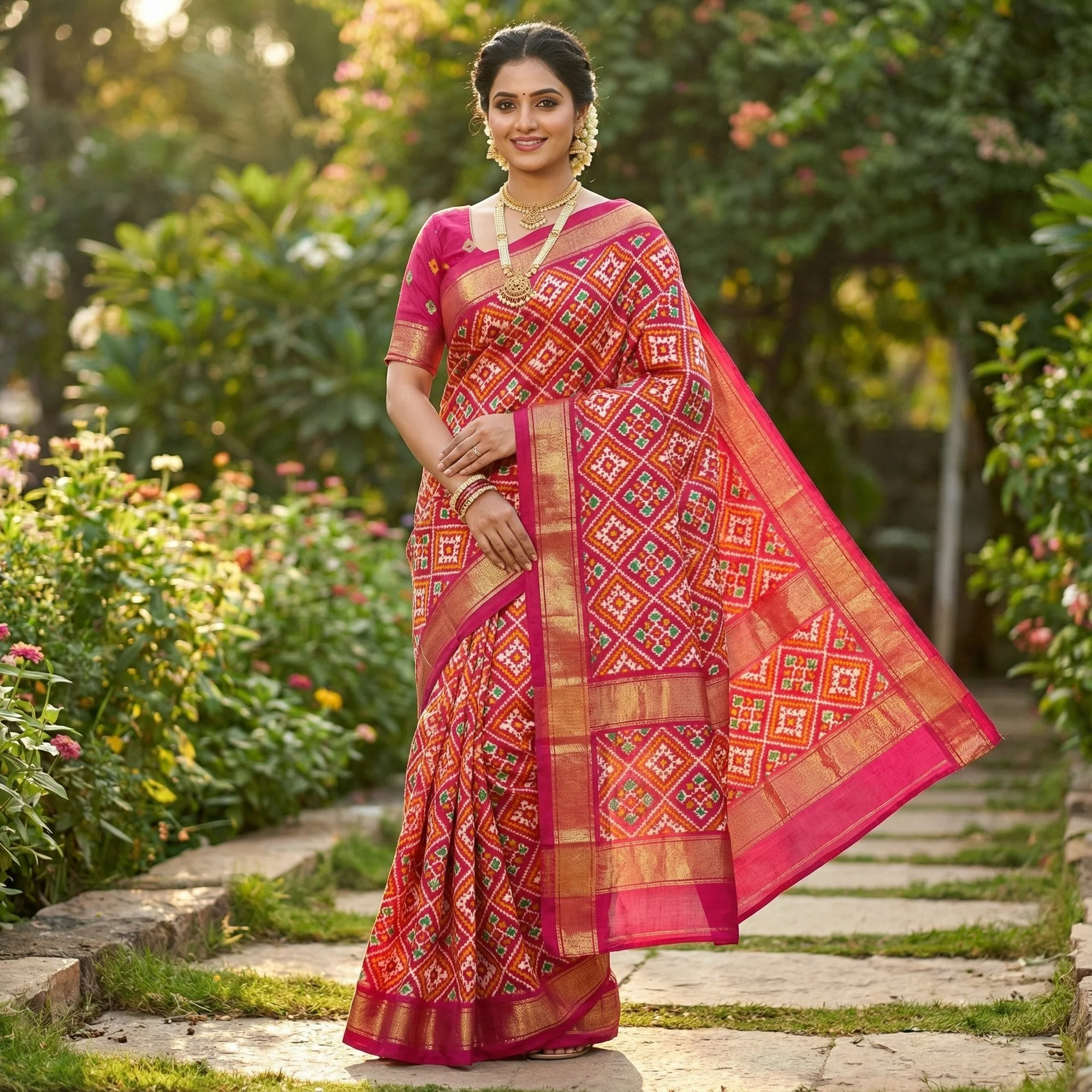 Pink Ikkat Print Dola Silk Saree Highlighted with an Elegant Zari Border