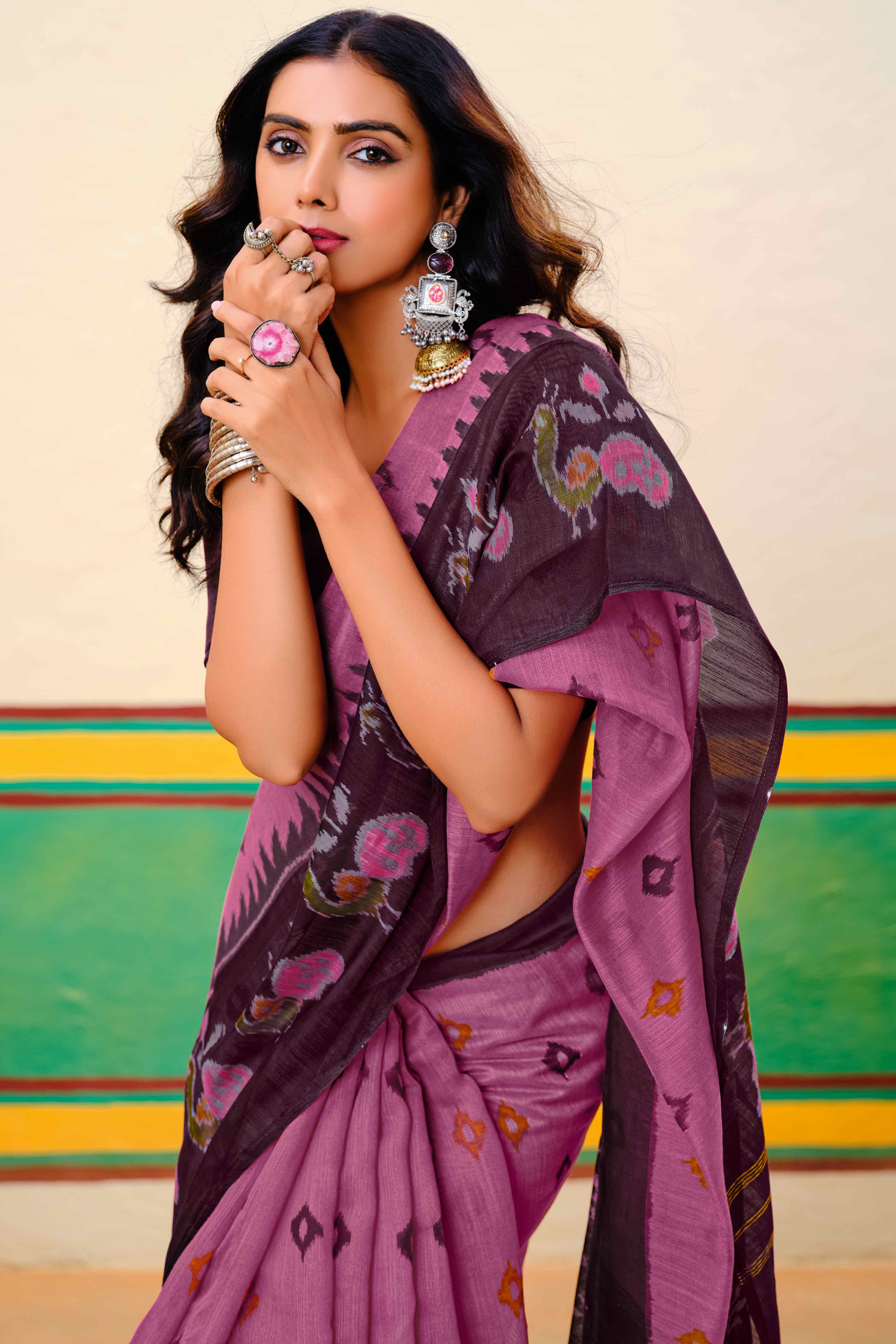 Pink Ikkat Printed Mulmul Cotton Saree - Image 3