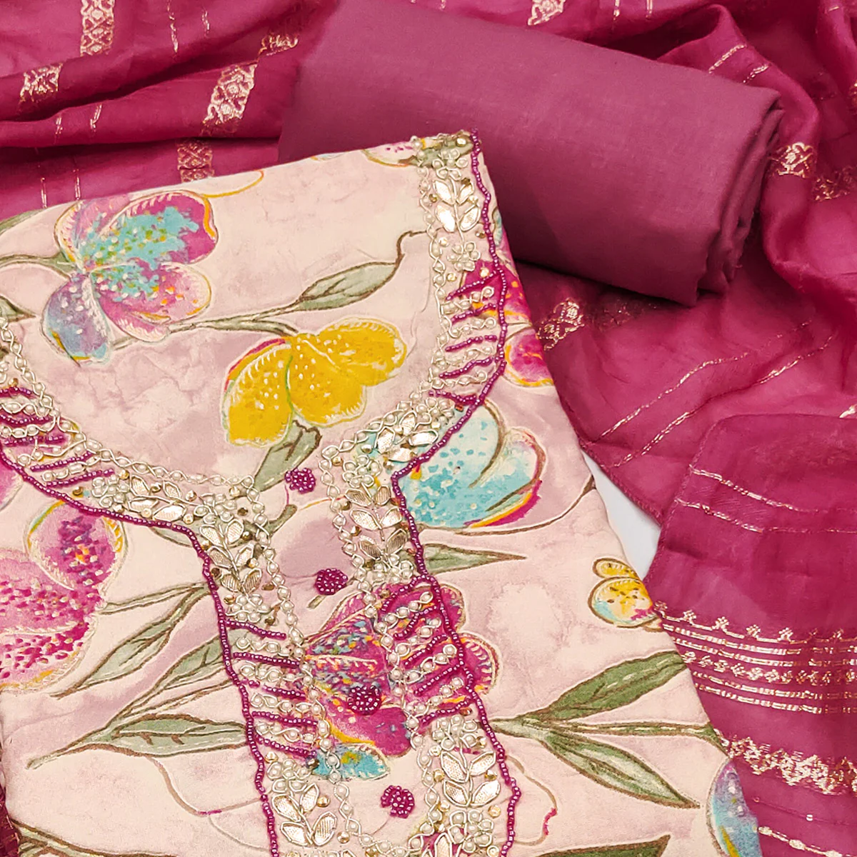 Pink In Jam Cotton with Floral Print & Intricate Moti Handwork Dress Material - Image 2