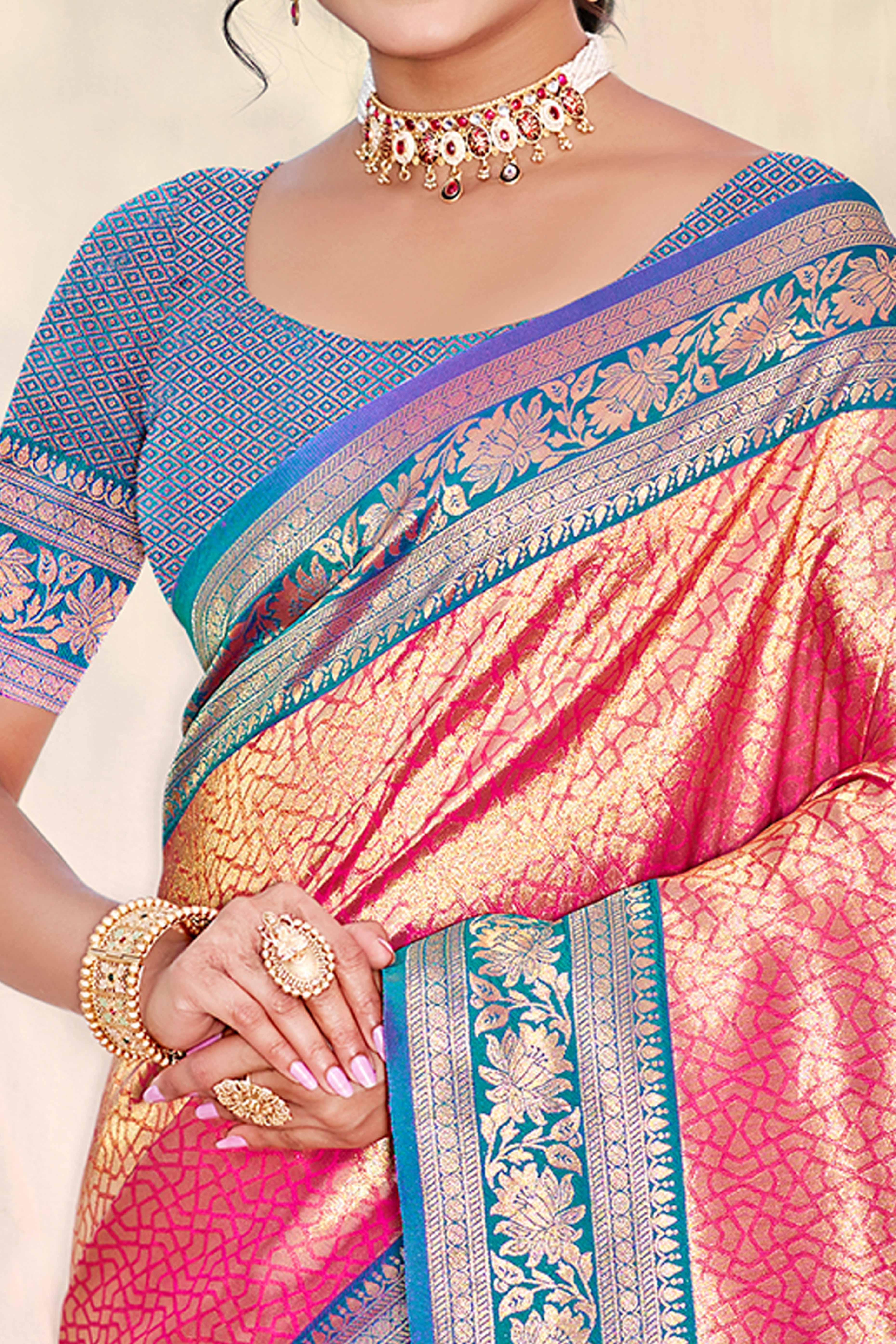 Pink Kanjivaram Silk Paithani Saree With Elegant Floral Weaving & Tassel Pallu - Image 2