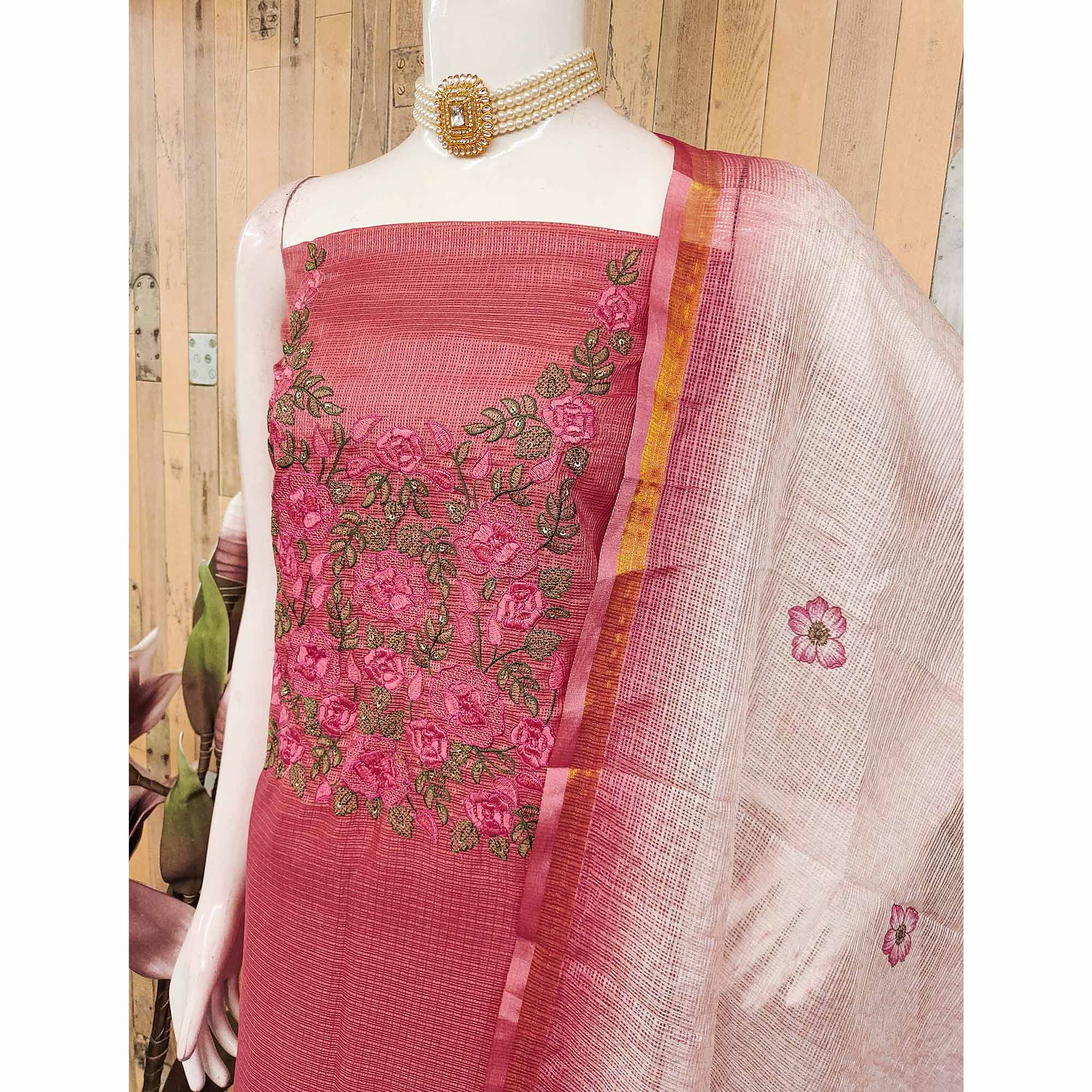Pink Kota Doria Dress Material Adorned With Delicate Floral Sequins Embroidery Work - Image 4