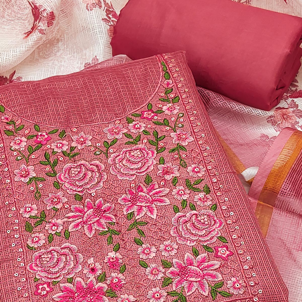 Pink Kota Doria Dress Material Featuring Elegant Floral Design With Sparkling Sequins Embroidery - Image 2
