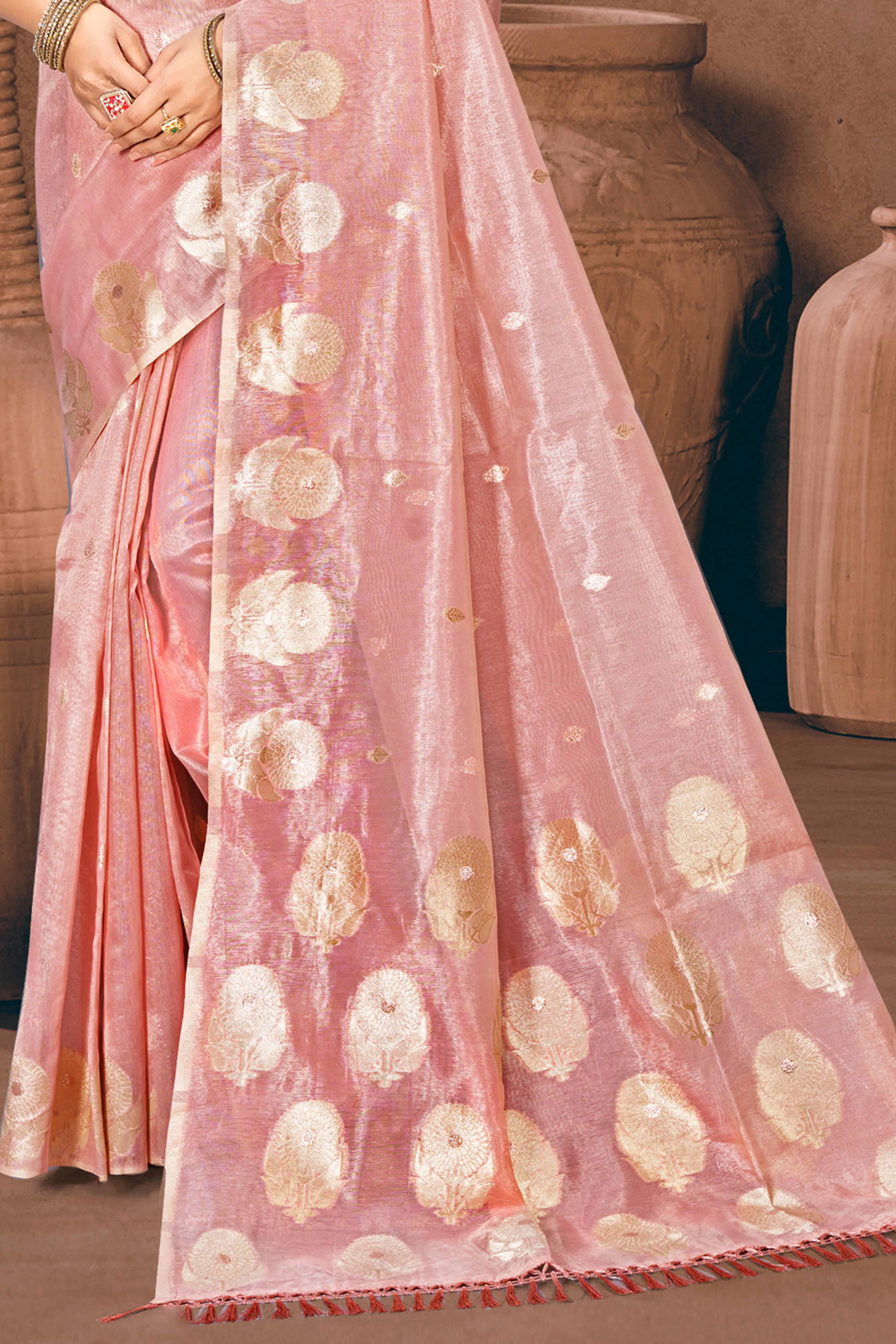 Pink Kota Doria Saree with Rich Traditional Zari Woven Borders - Image 4