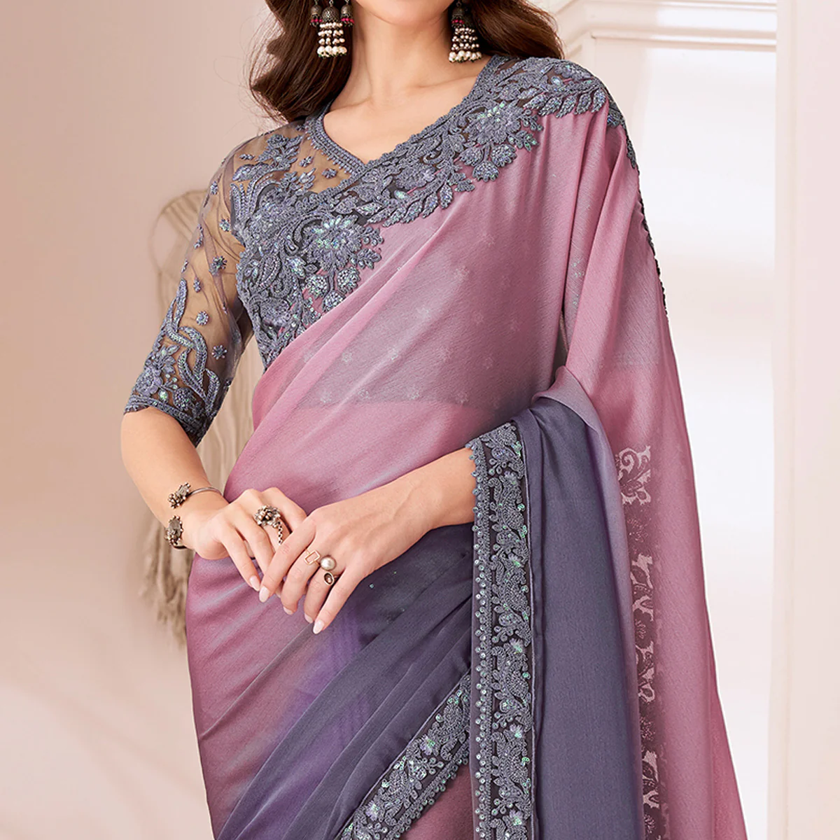 Pink & Lavender Embroidered Chiffon Saree - Image 2