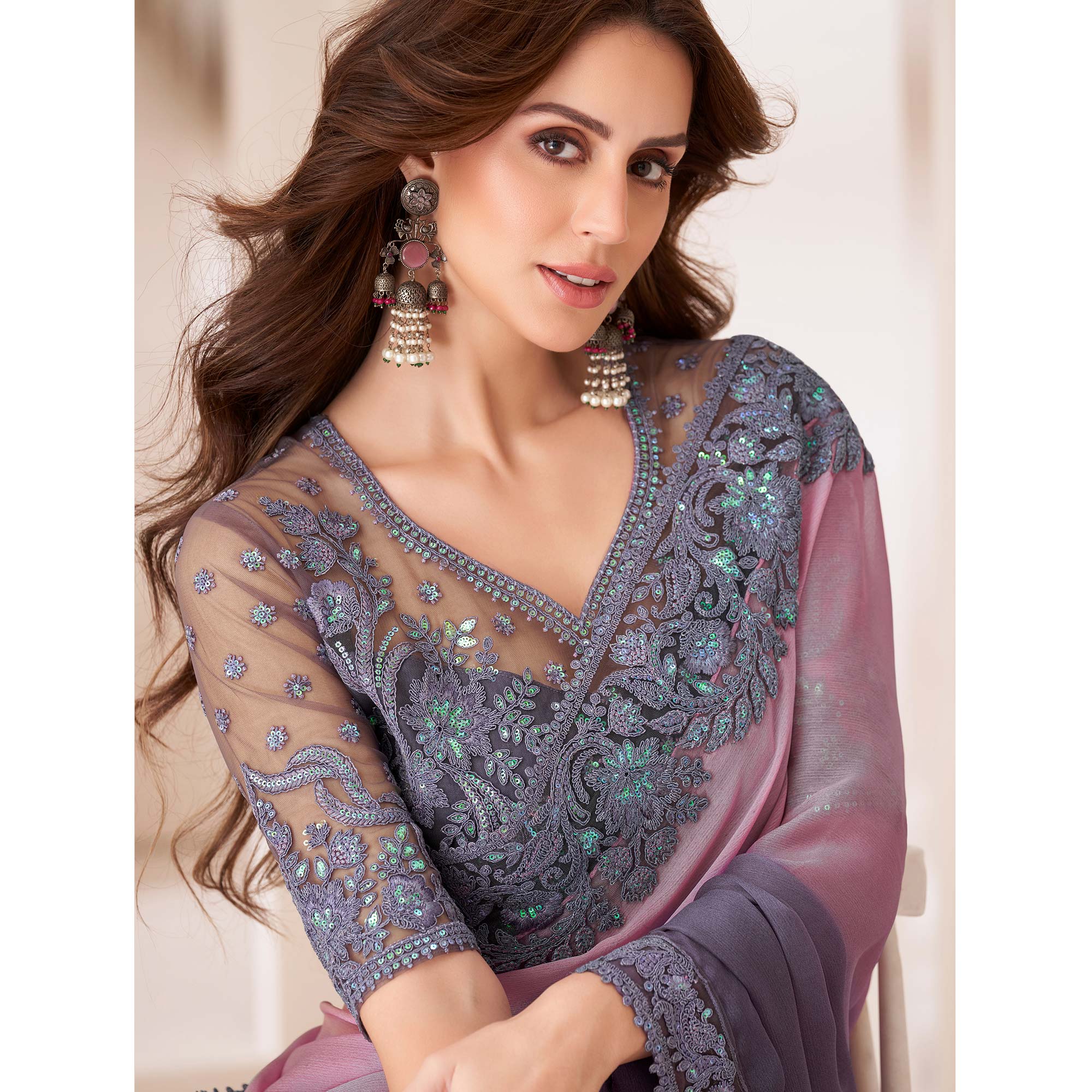 Pink & Lavender Embroidered Chiffon Saree - Image 3