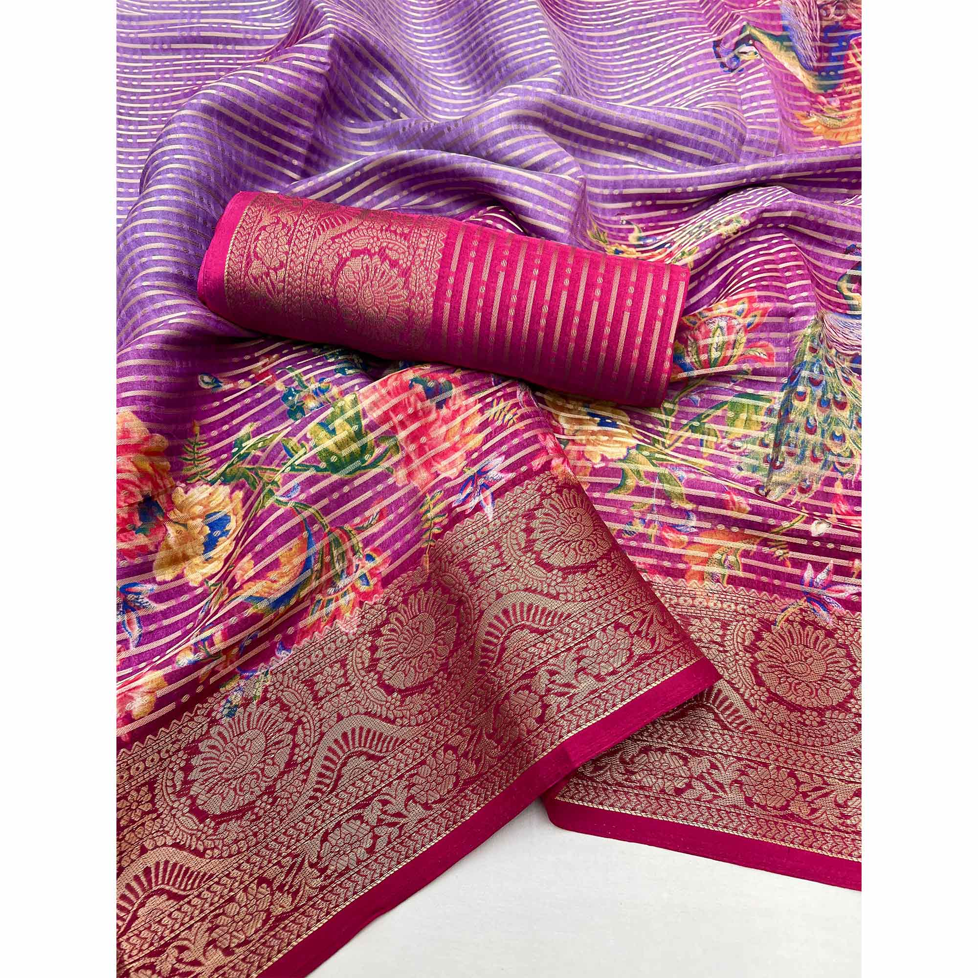 Pink & Lavender Floral Woven With Printed Georgette Saree - Image 3