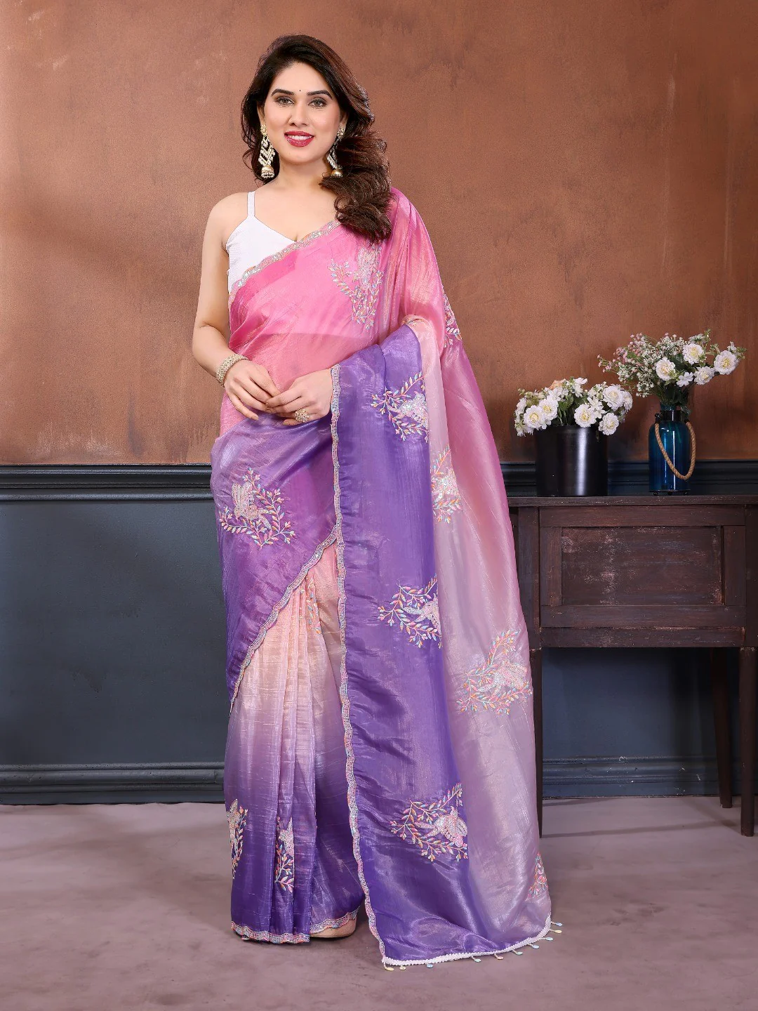 Pink & Lavender Ombre Georgette Silk Saree With Artistic Bird Motif Sequins Embroidery Work