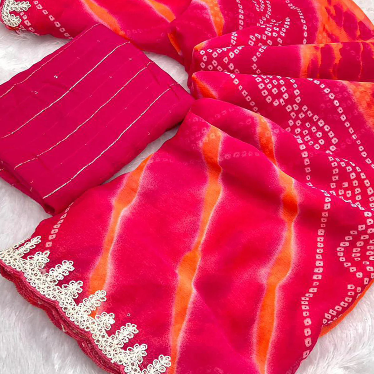 Pink Leheriya Printed Chiffon Saree With Sequins Embroidered Border - Image 2