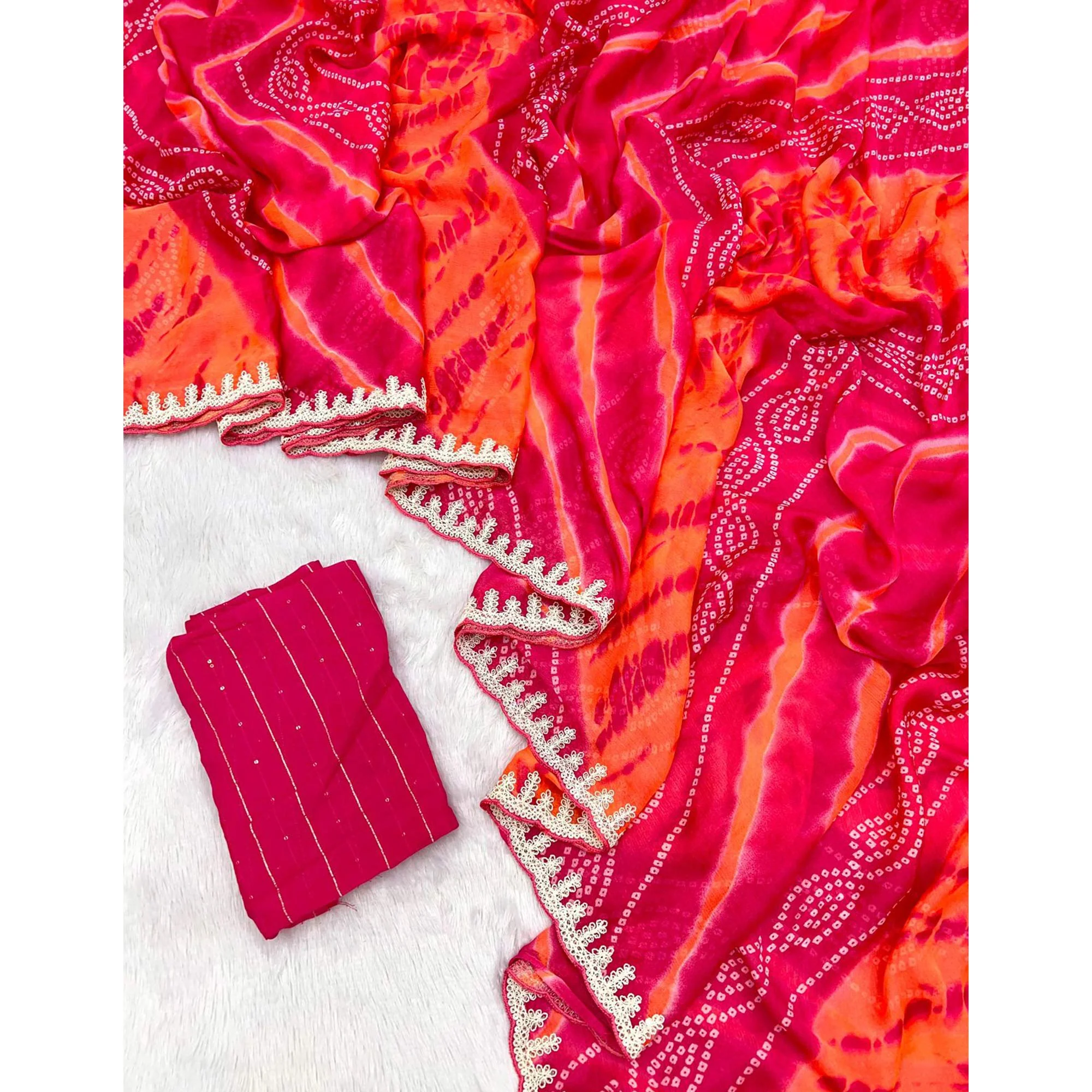 Pink Leheriya Printed Chiffon Saree With Sequins Embroidered Border - Image 3