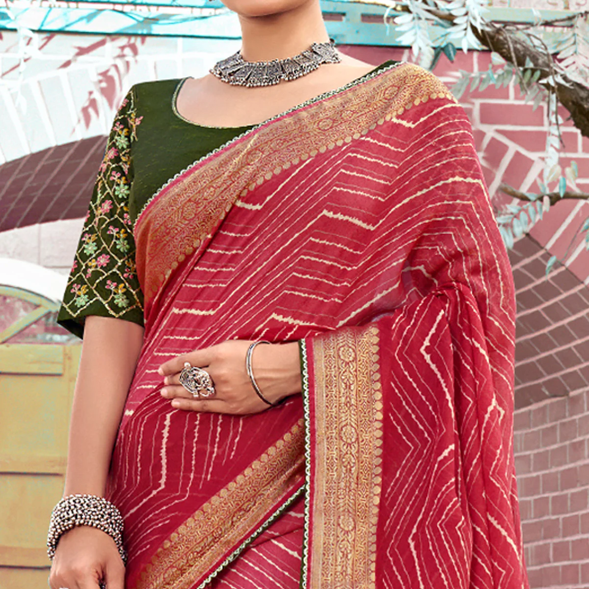 Pink Leheriya Printed Georgette Saree With Jacquard Border - Image 3