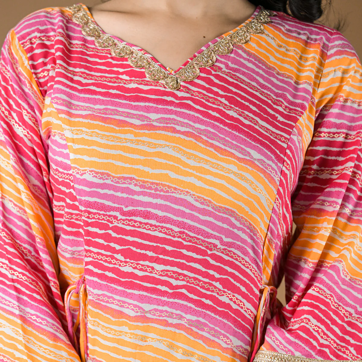 Pink Leheriya Printed Rayon A-line Salwar Suit - Image 3