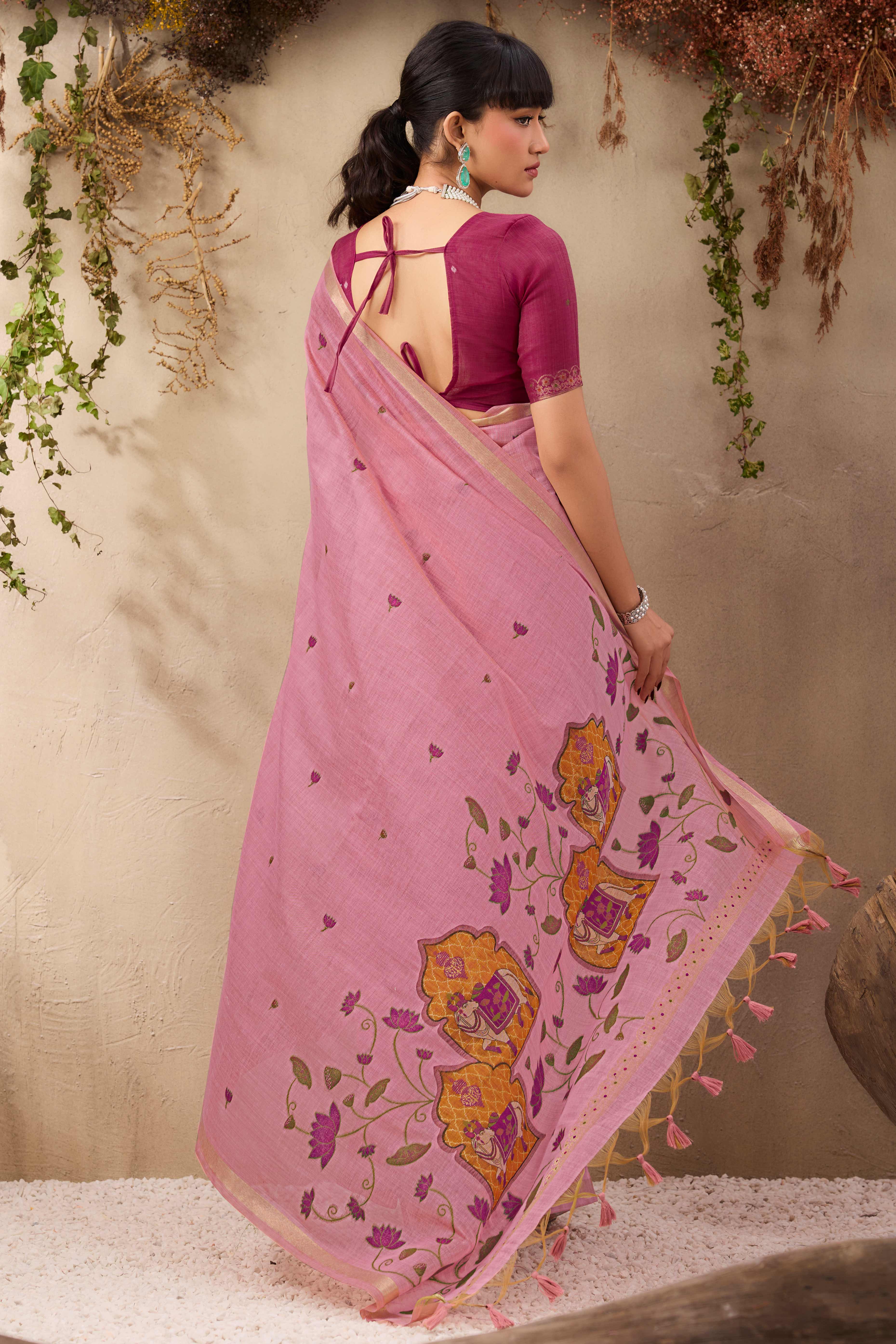 Pink Lightweight Handloom Munga Cotton Blend Saree Accented with Floral Woven Motifs - Image 6