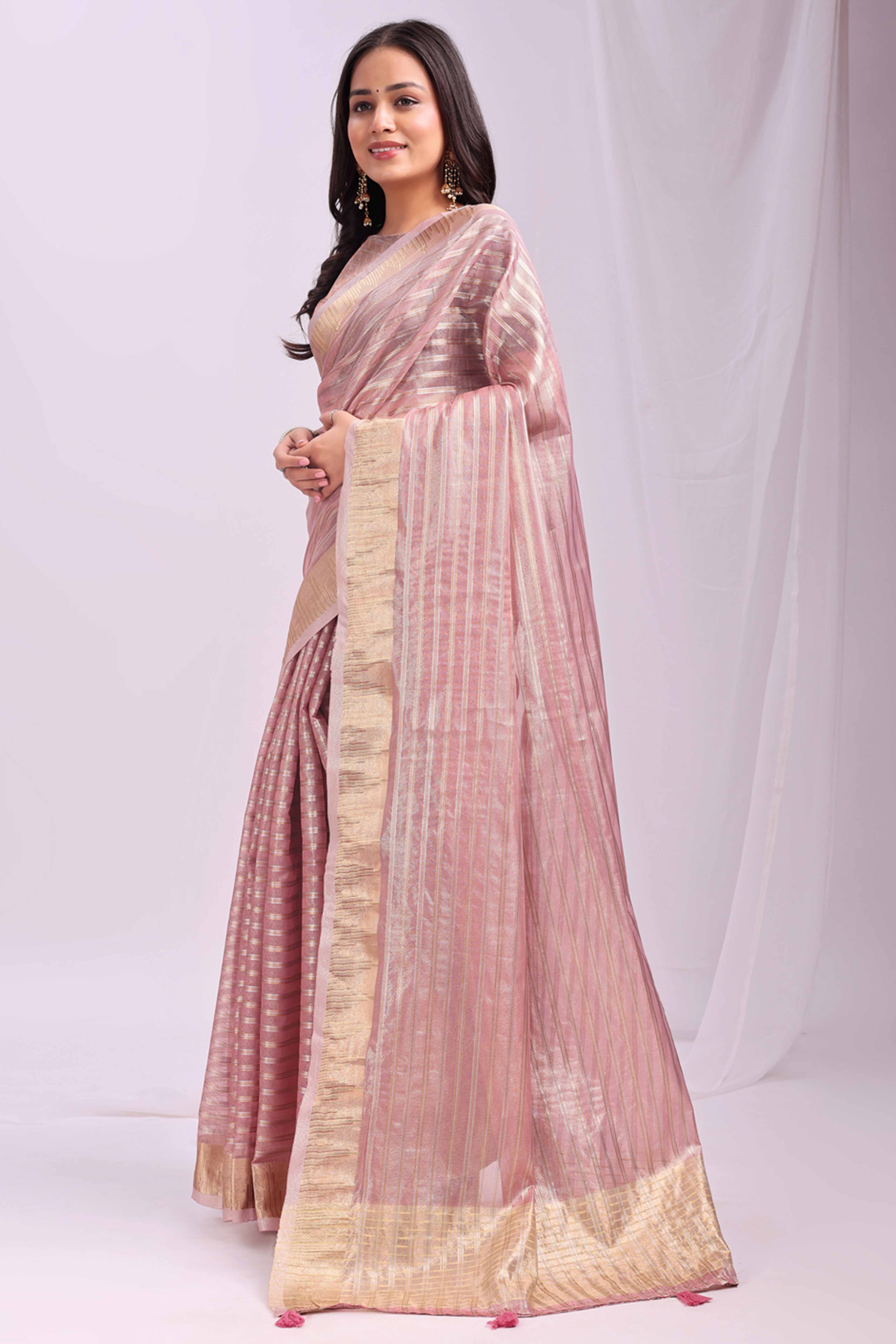Pink Lightweight Organza Saree with Rich Zari Stripes Pattern - Image 3