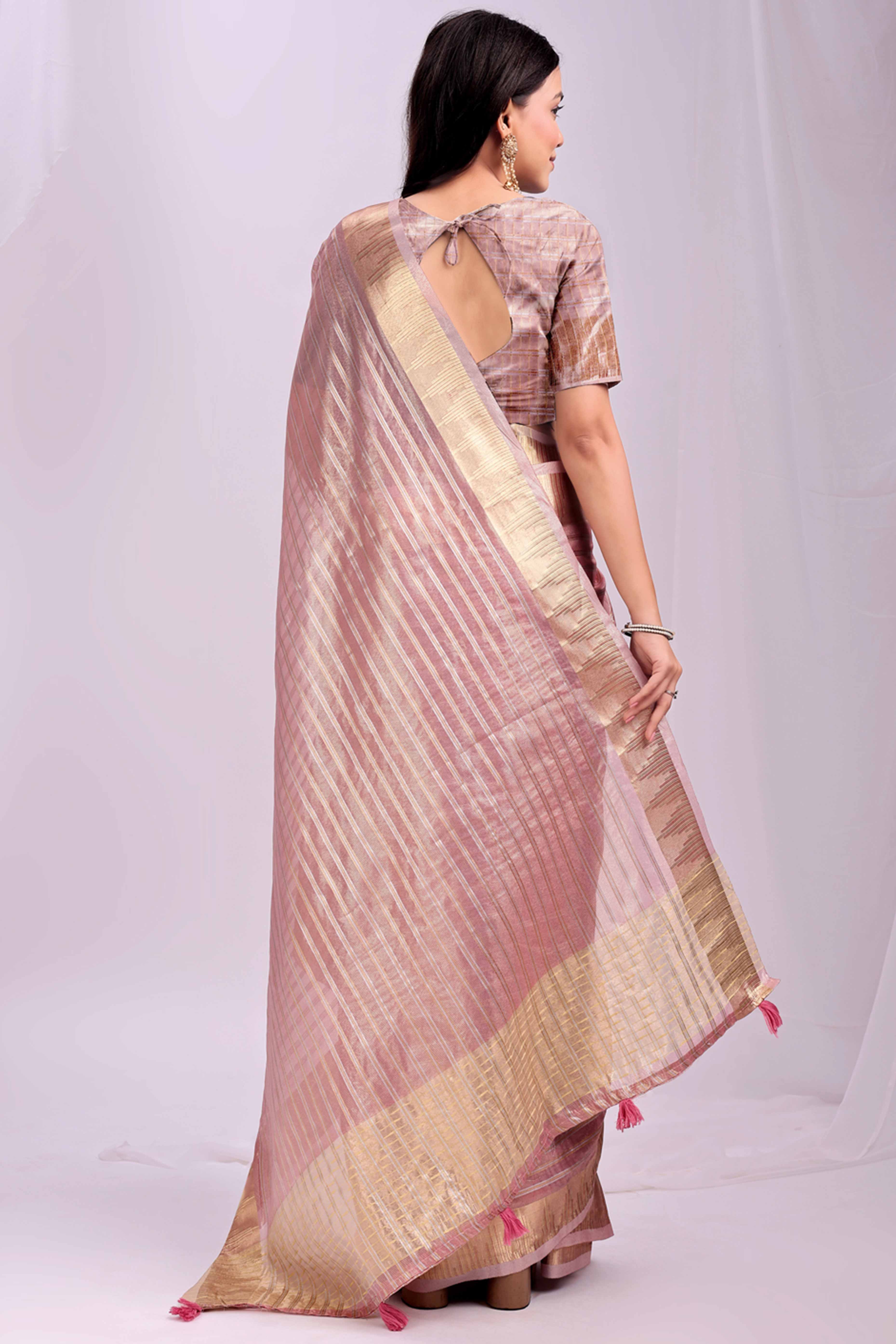 Pink Lightweight Organza Saree with Rich Zari Stripes Pattern - Image 4