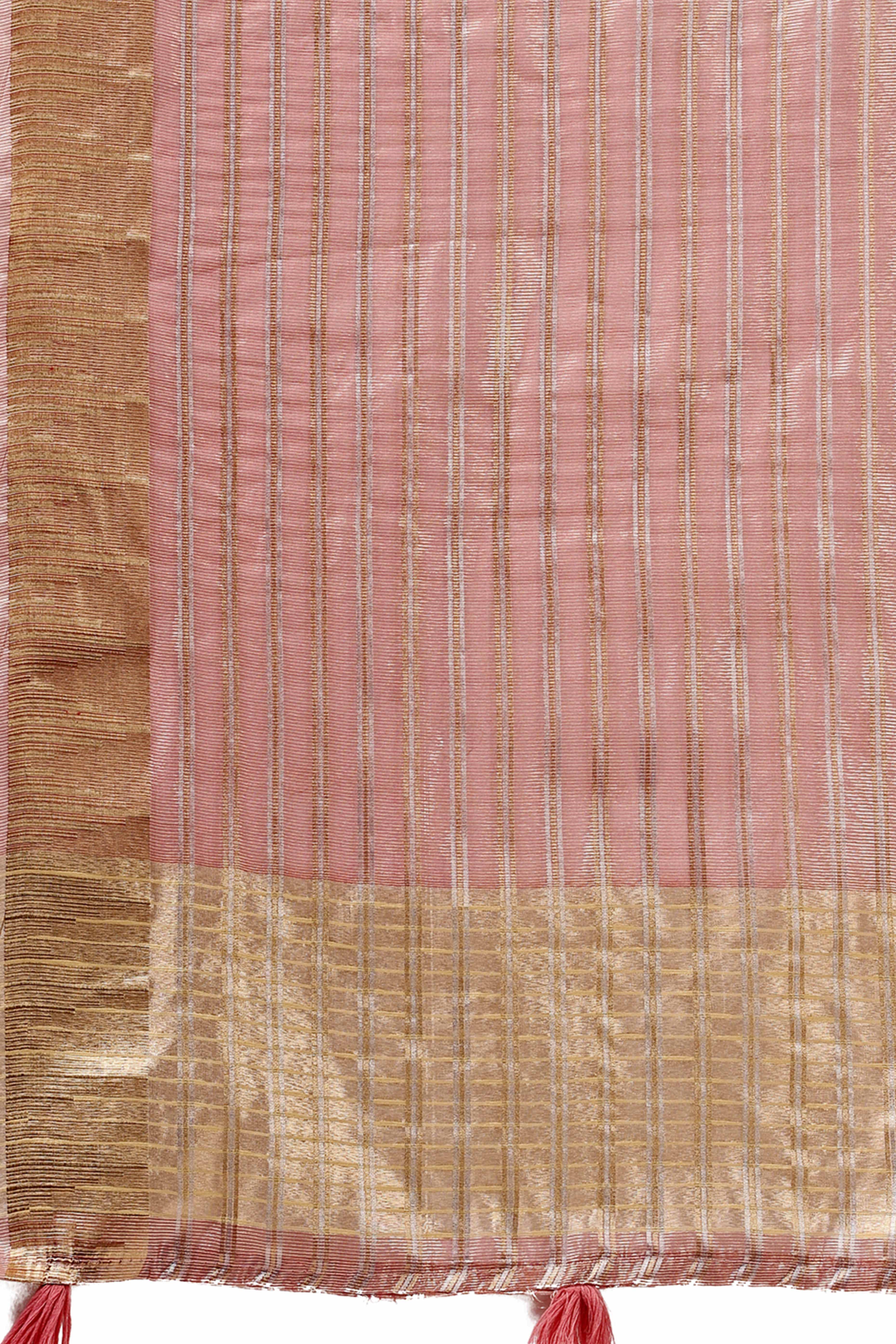 Pink Lightweight Organza Saree with Rich Zari Stripes Pattern - Image 7