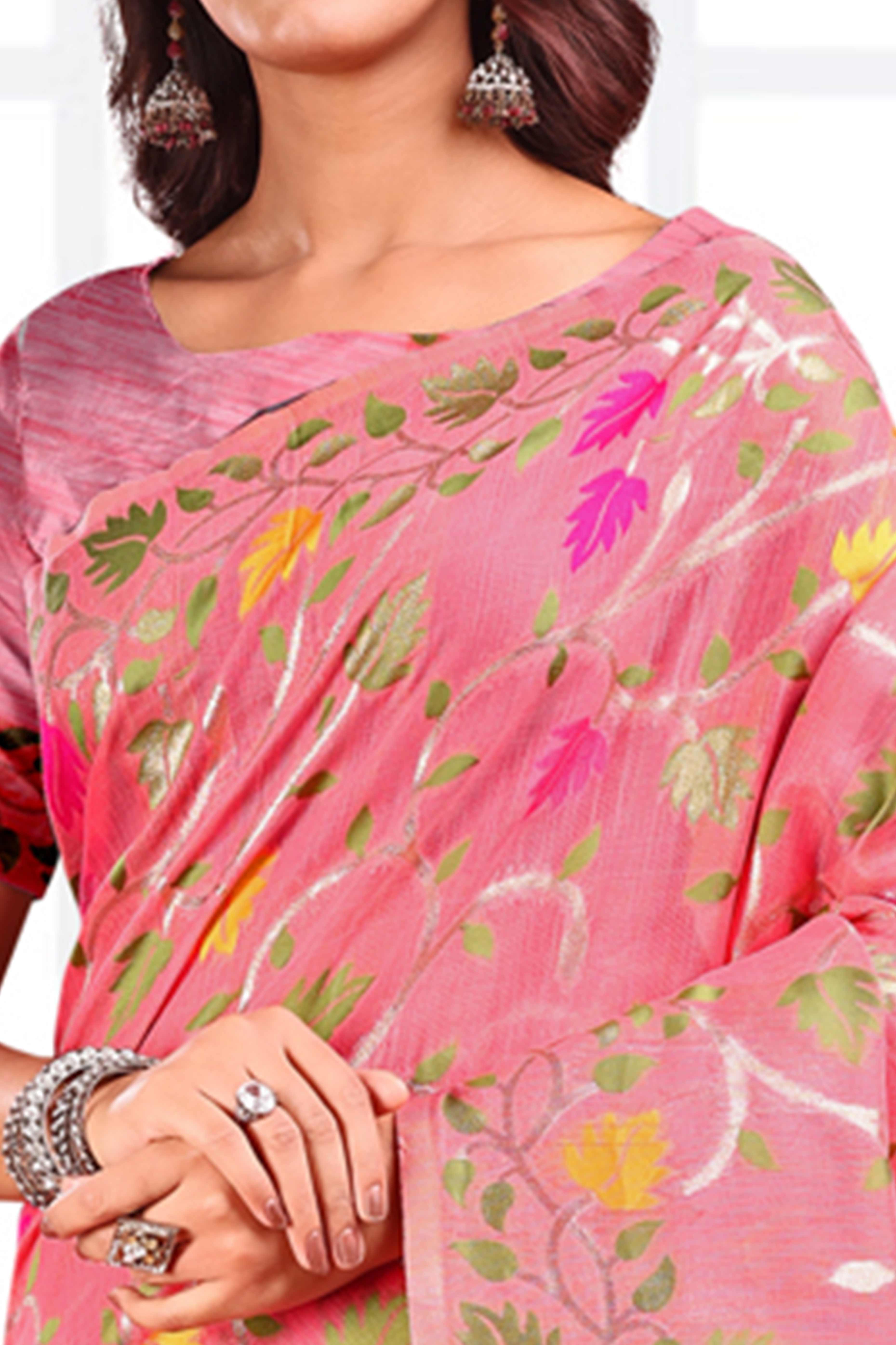 Pink Linen Cotton Silk  Saree Enhanced With Floral Zari Weaving & Tasselled Pallu Finish - Image 2