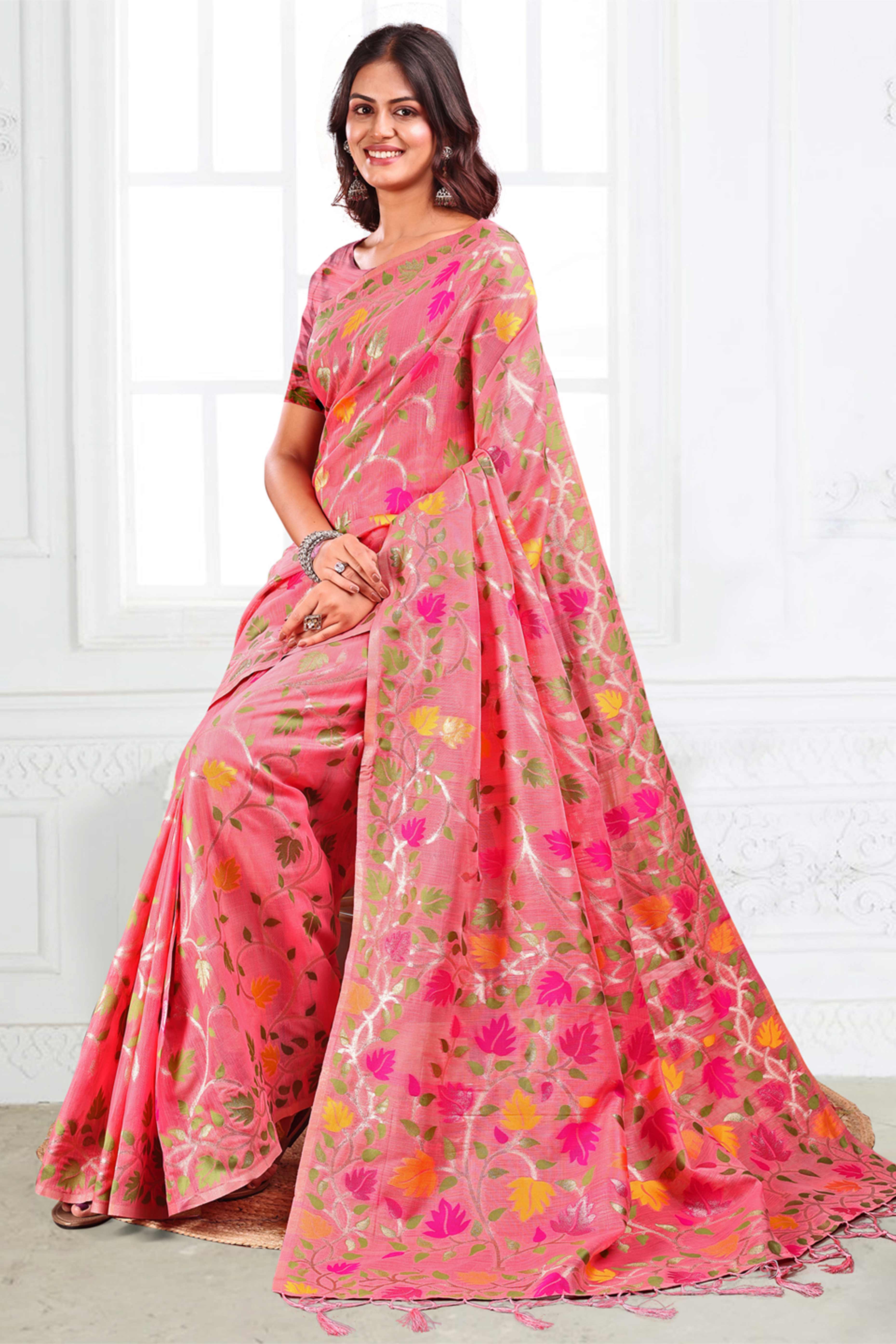 Pink Linen Cotton Silk  Saree Enhanced With Floral Zari Weaving & Tasselled Pallu Finish - Image 5