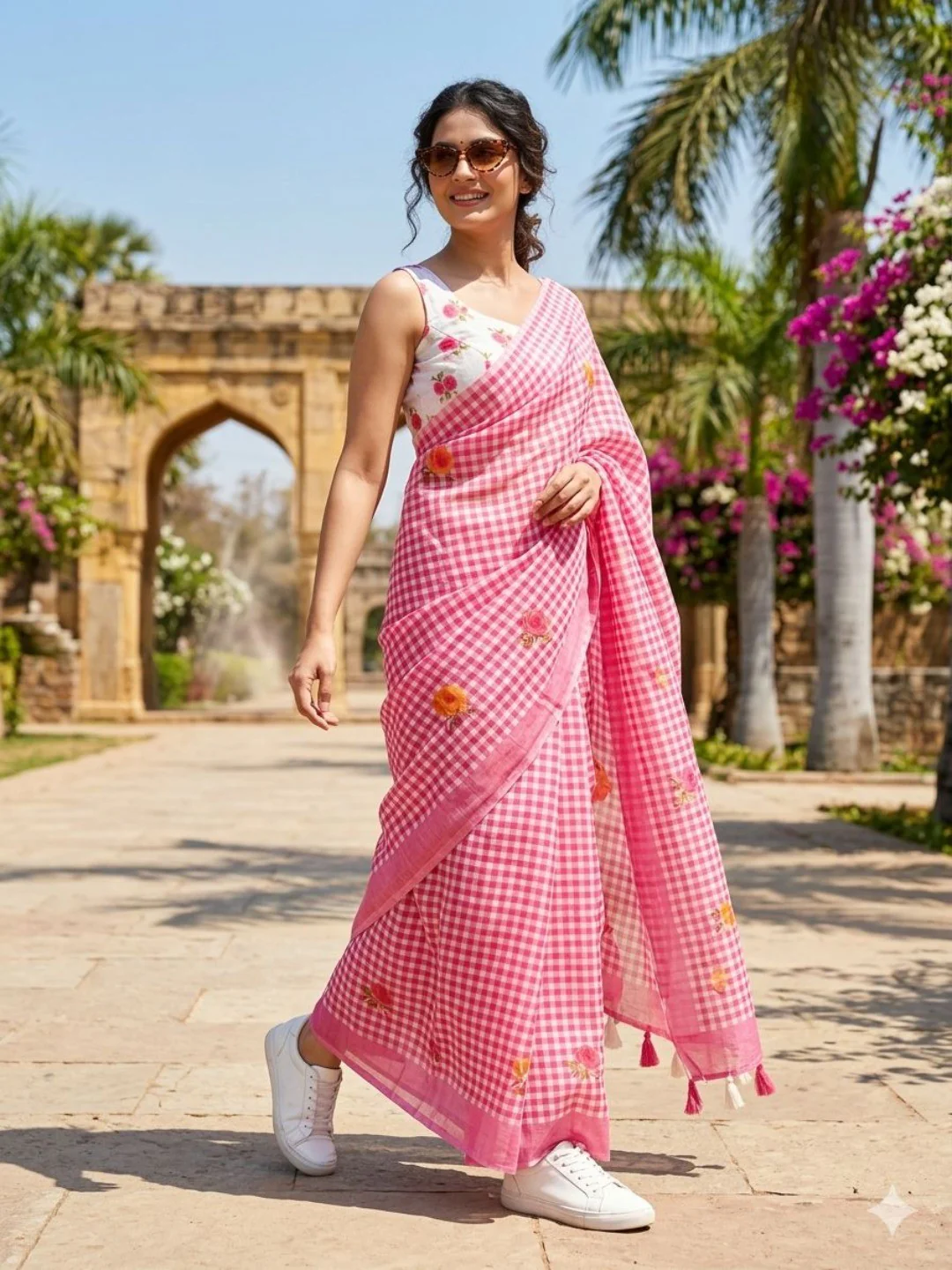 Pink Linen Saree with Elegant Checked Pattern and Floral Motifs