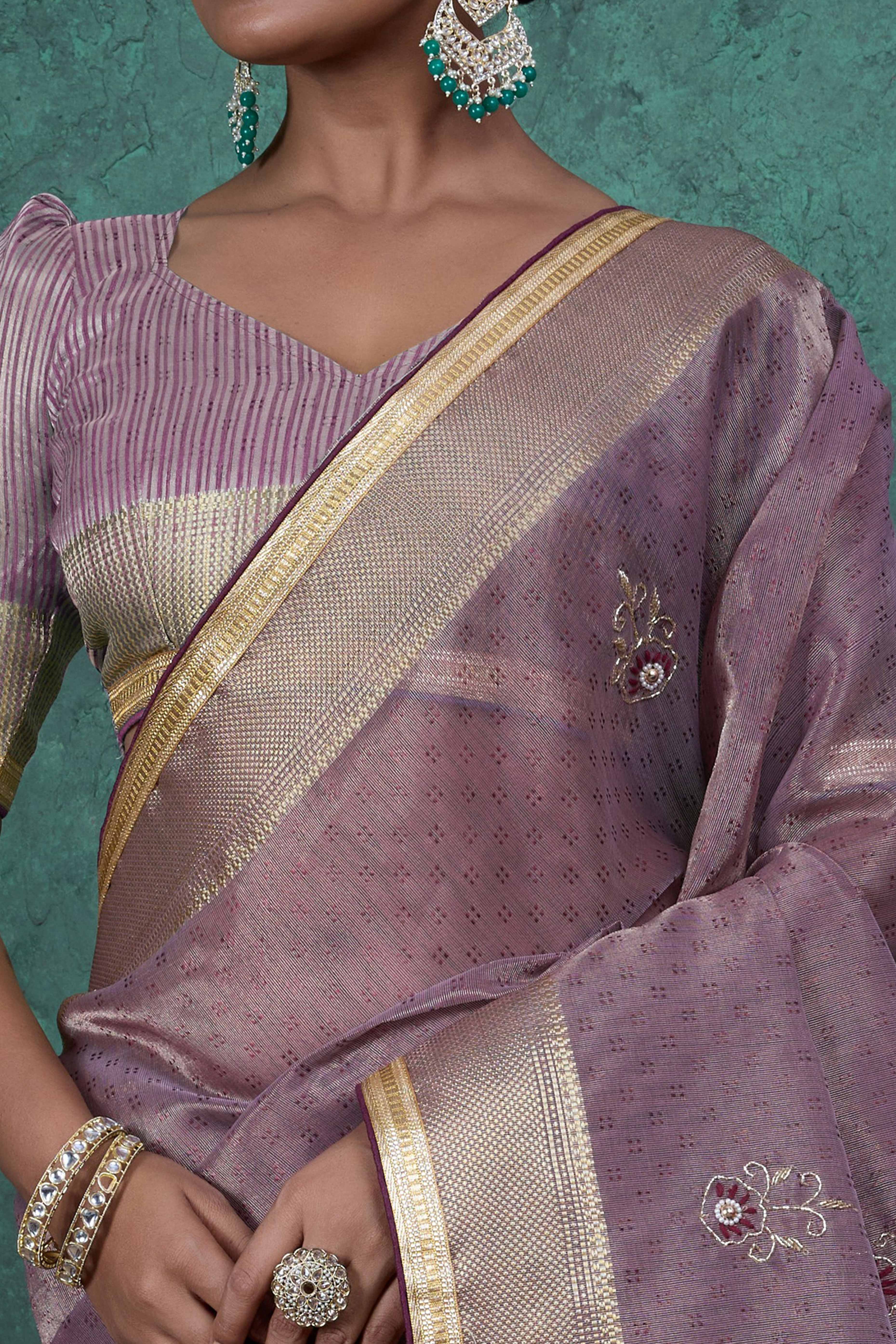 Pink Linen Tissue Saree with Hand Beads Embellishment - Image 2