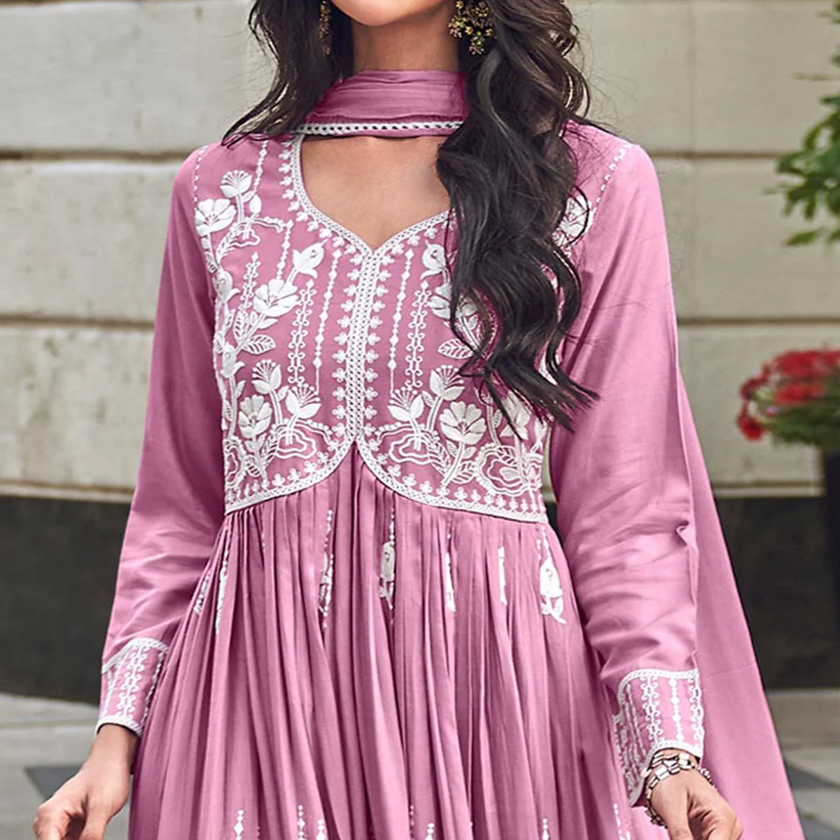 Pink Lucknowi Embroidered Rayon Palazzo Suit - Image 3