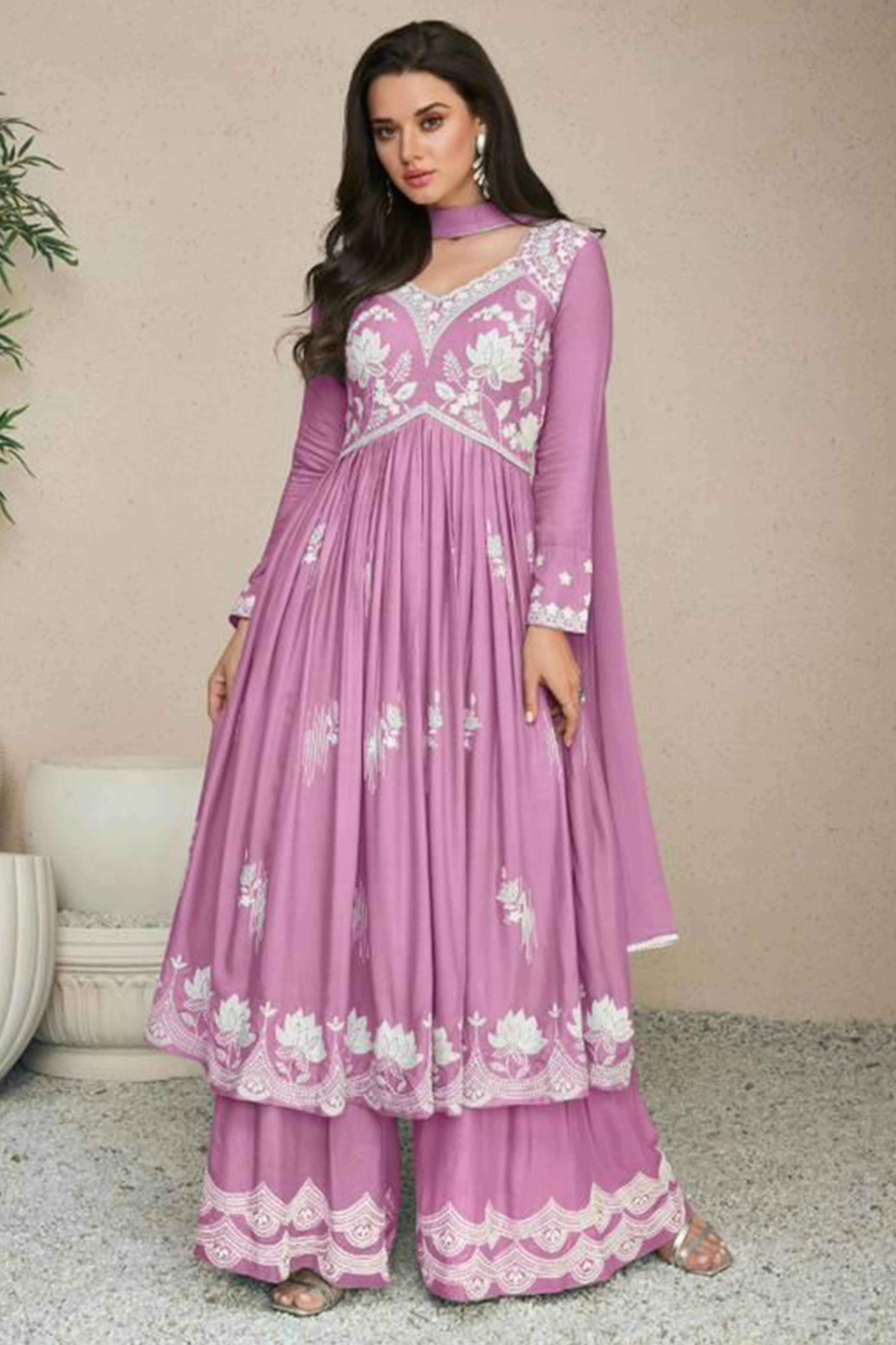 Pink Lucknowi Embroidered Rayon Palazzo Suit