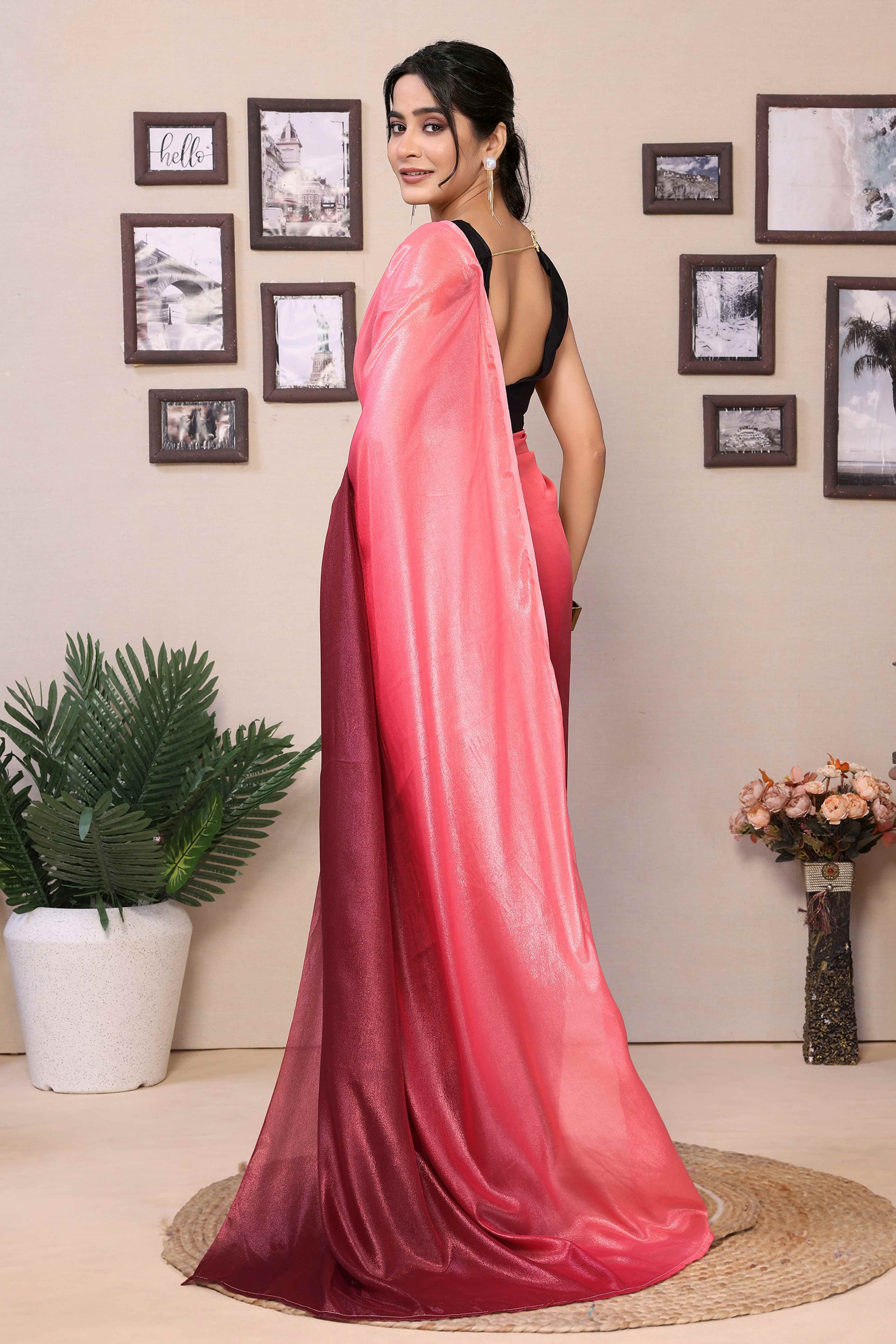 Pink & Maroon Solid Printed Chiffon Ready To Wear Ombre Saree - Image 3
