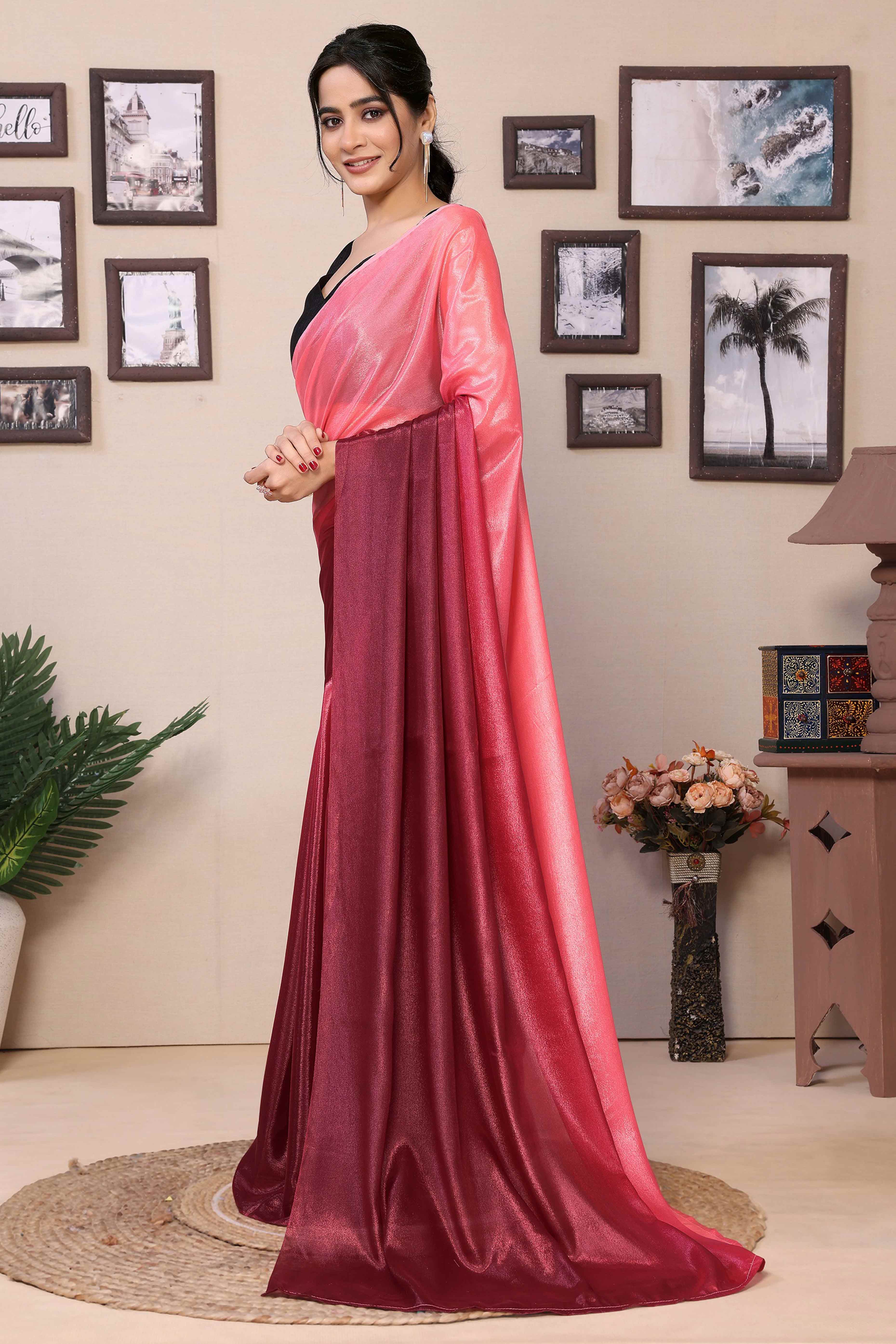 Pink & Maroon Solid Printed Chiffon Ready To Wear Ombre Saree - Image 4