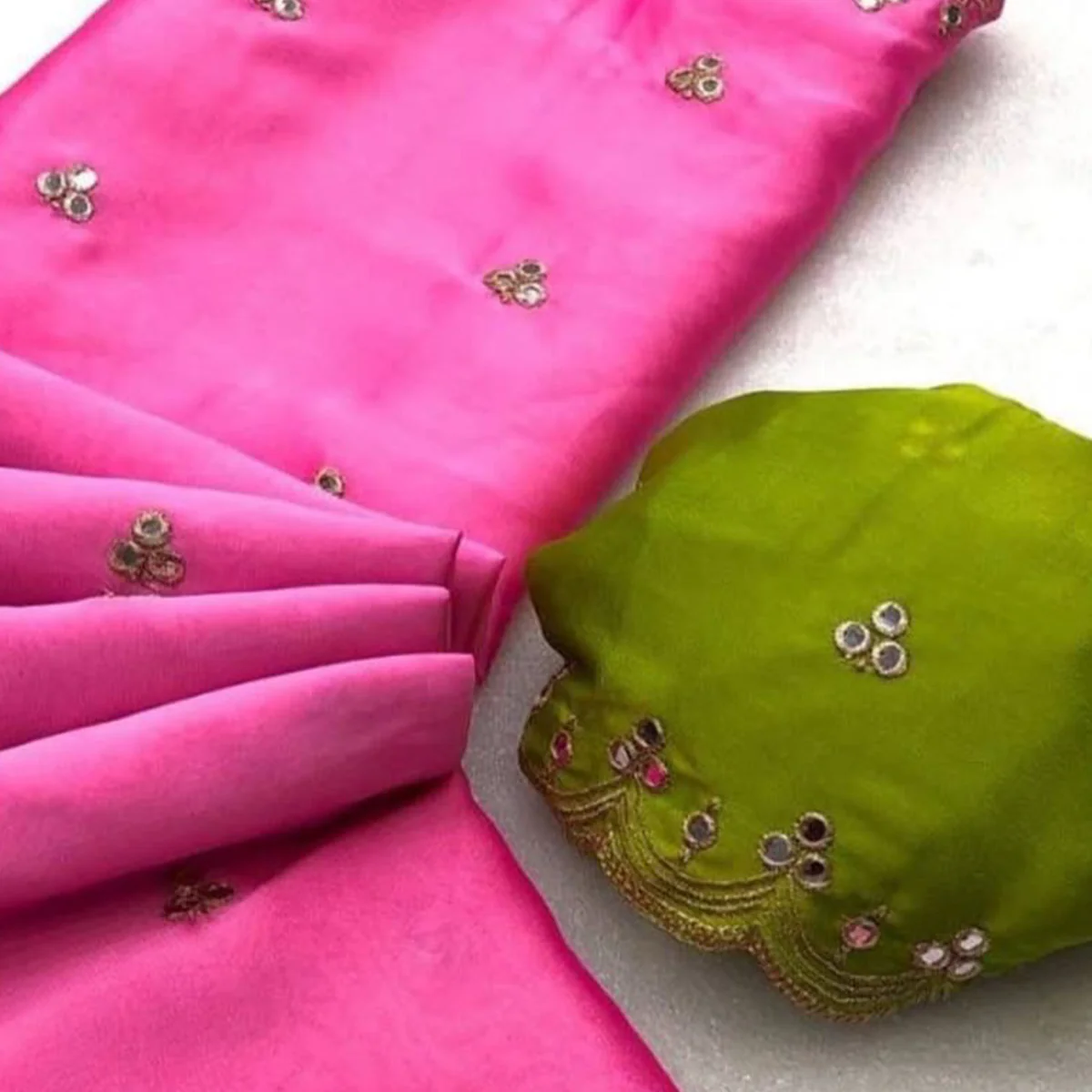 Pink Mirror Embroidery Work Georgette Saree - Image 2