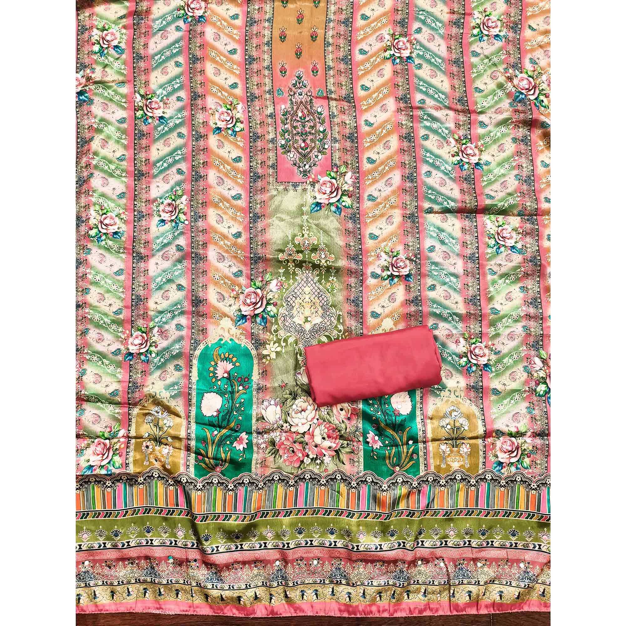 Pink Muslin Dress Material Featuring Graceful Floral Digital Print Embellished With Mirror Work - Image 5