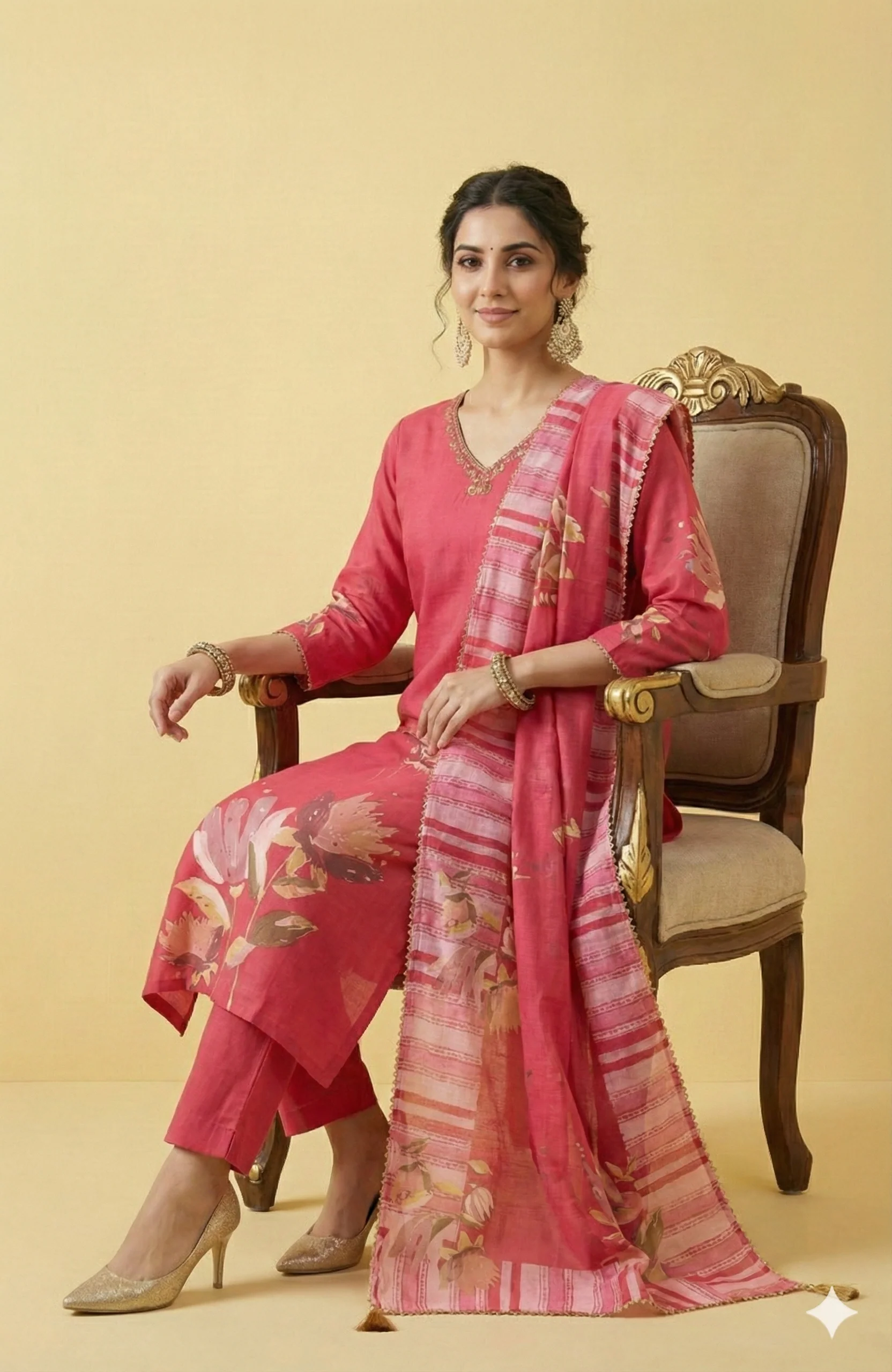 Pink Muslin Straight Cut Salwar Kameez All Over Floral Print Beads Detailing - Image 2