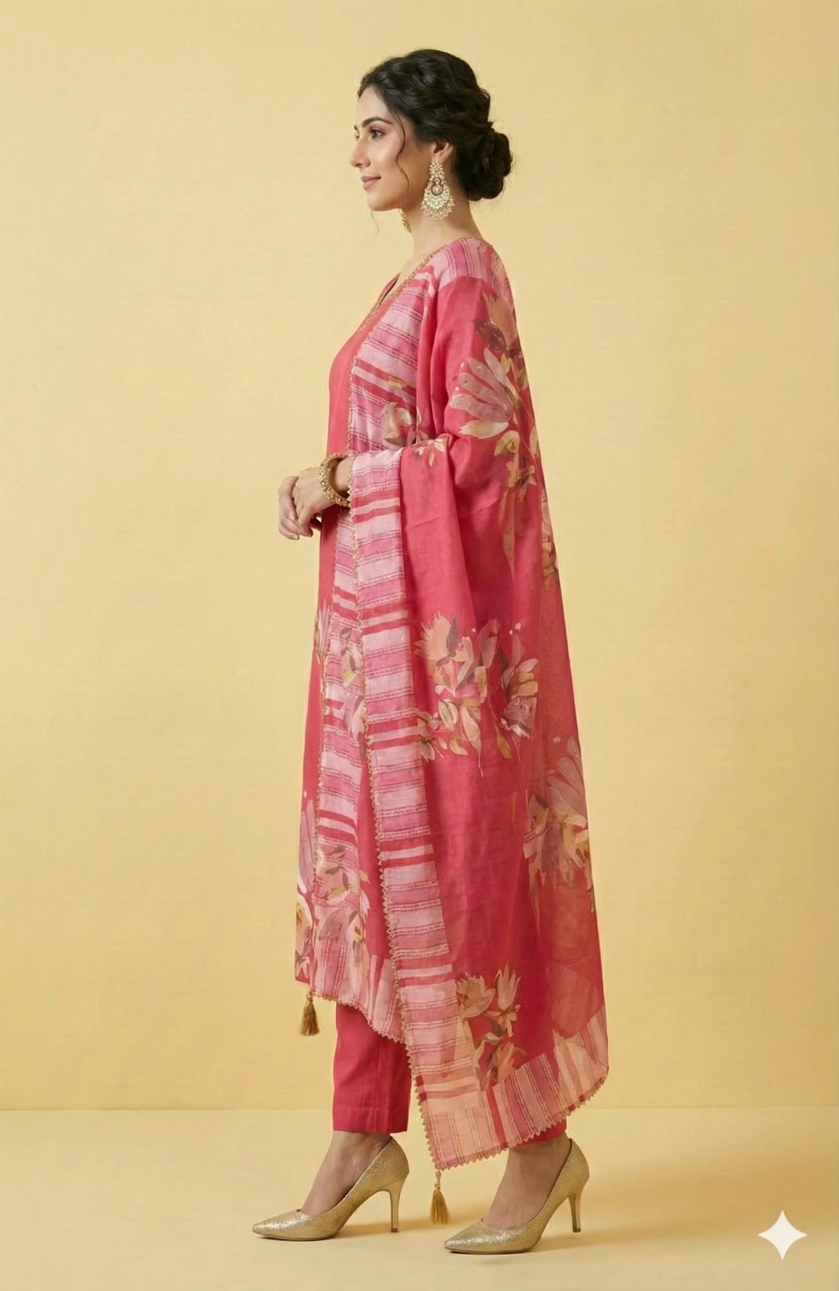 Pink Muslin Straight Cut Salwar Kameez All Over Floral Print Beads Detailing - Image 3