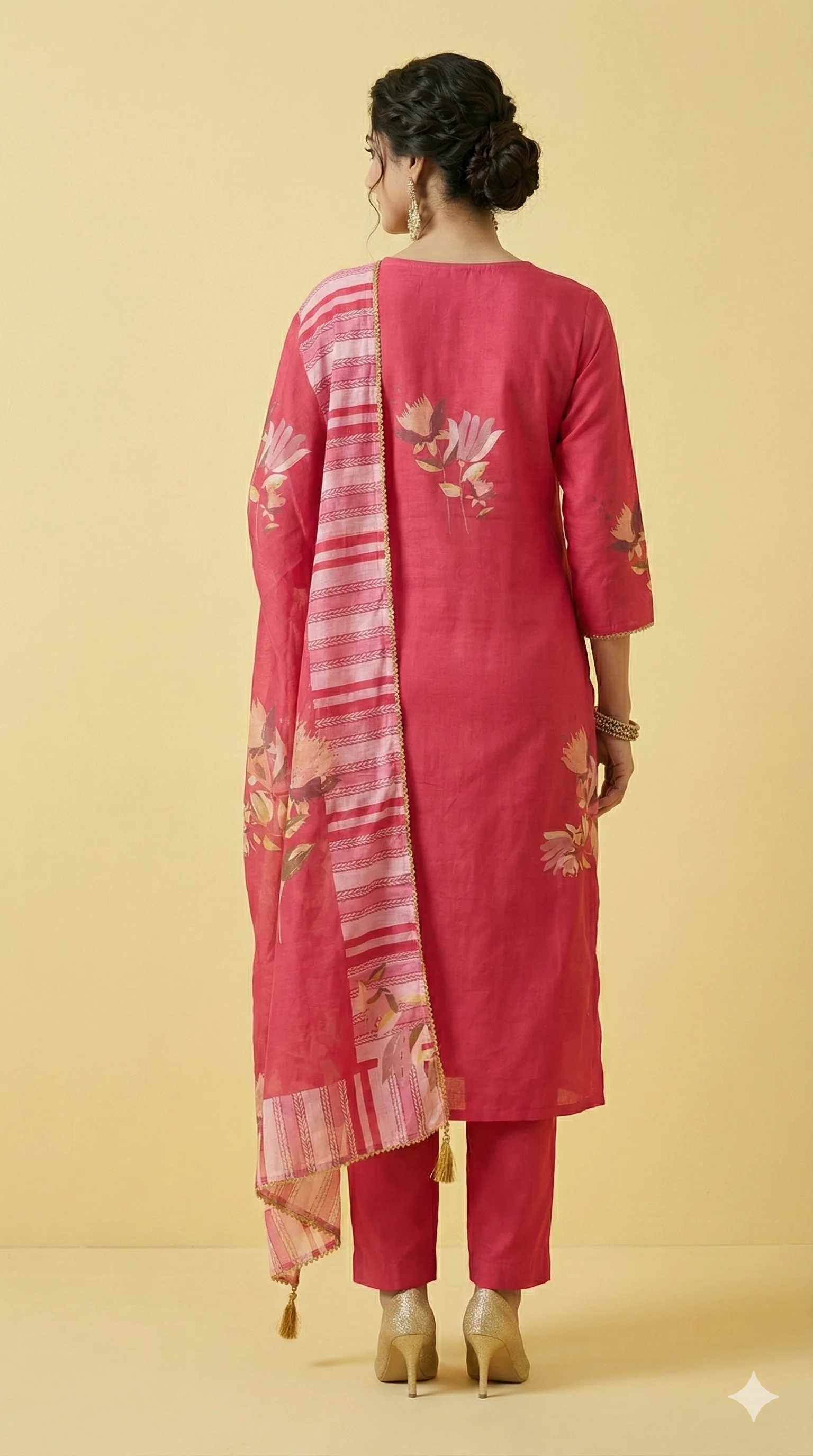 Pink Muslin Straight Cut Salwar Kameez All Over Floral Print Beads Detailing - Image 4