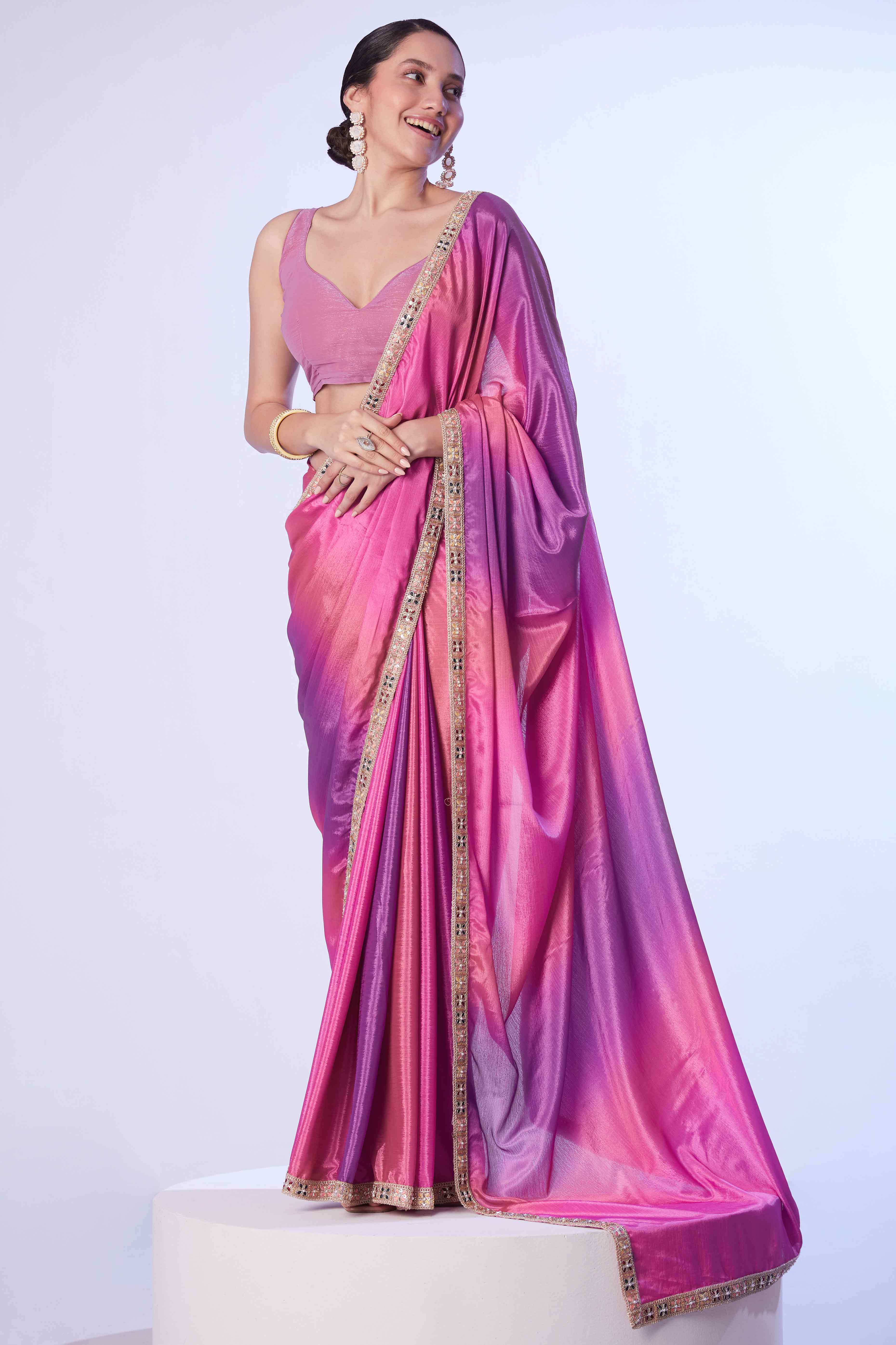 Pink Ombre Bliss Chinon Solid Saree - Image 3