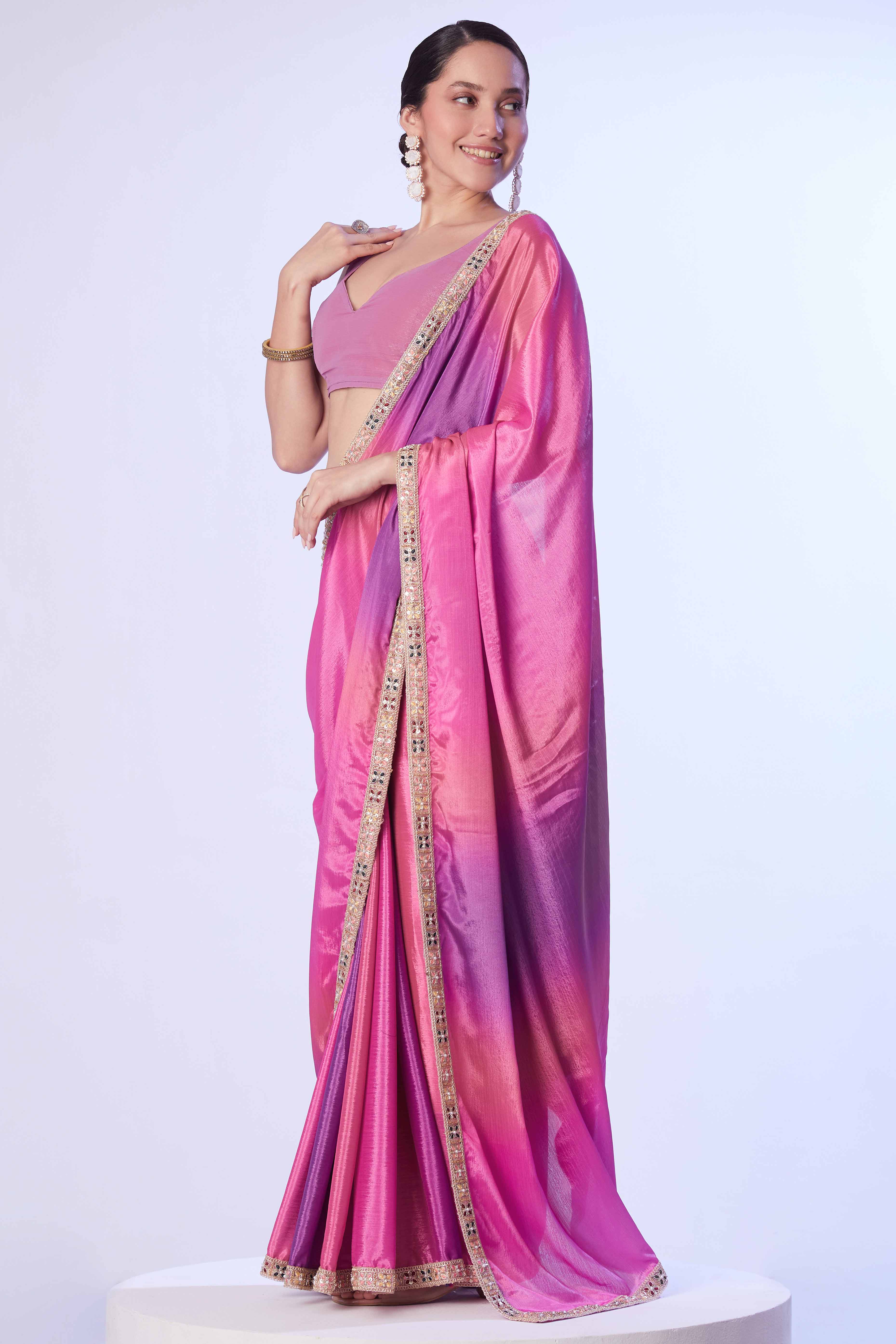 Pink Ombre Bliss Chinon Solid Saree - Image 4