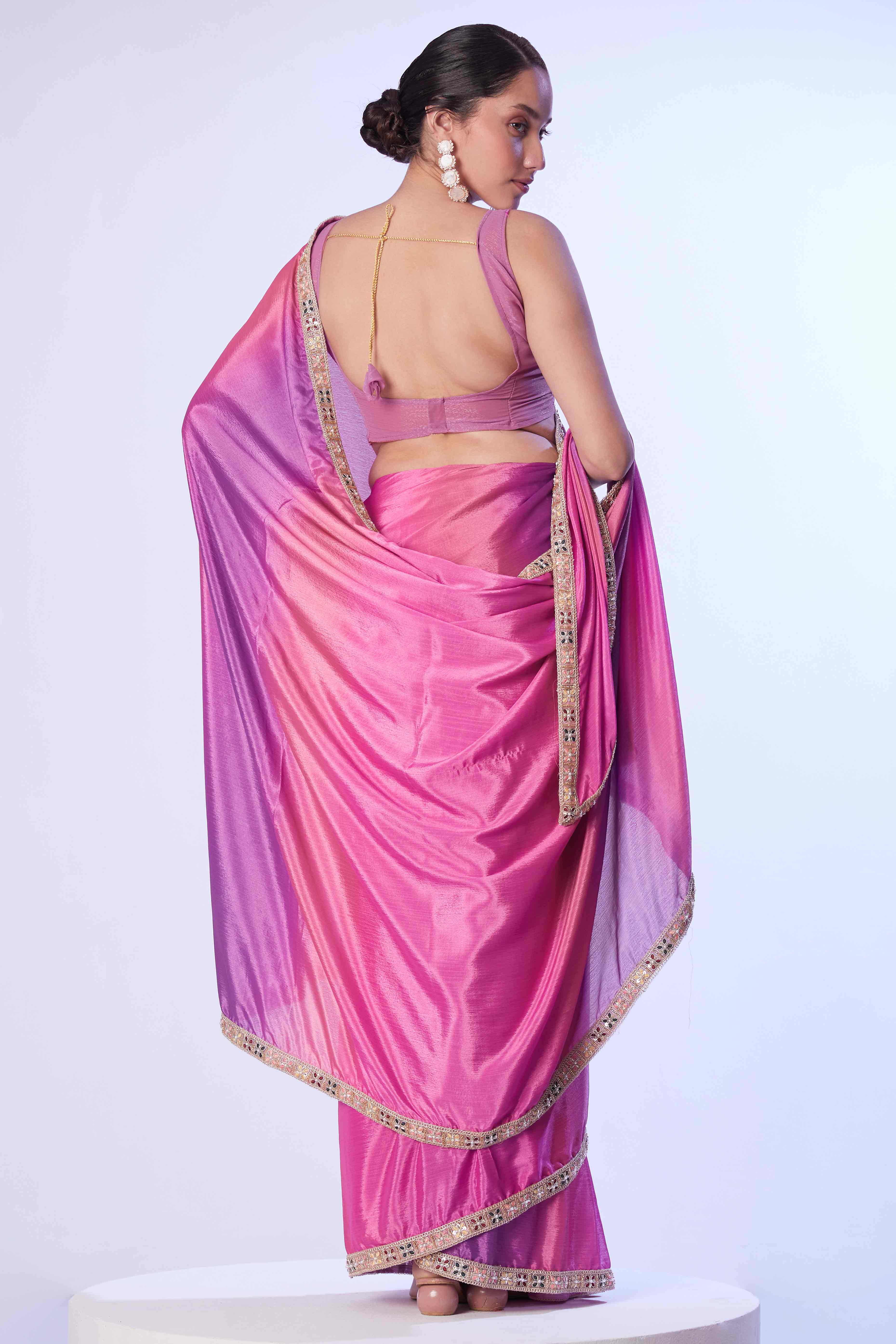 Pink Ombre Bliss Chinon Solid Saree - Image 6