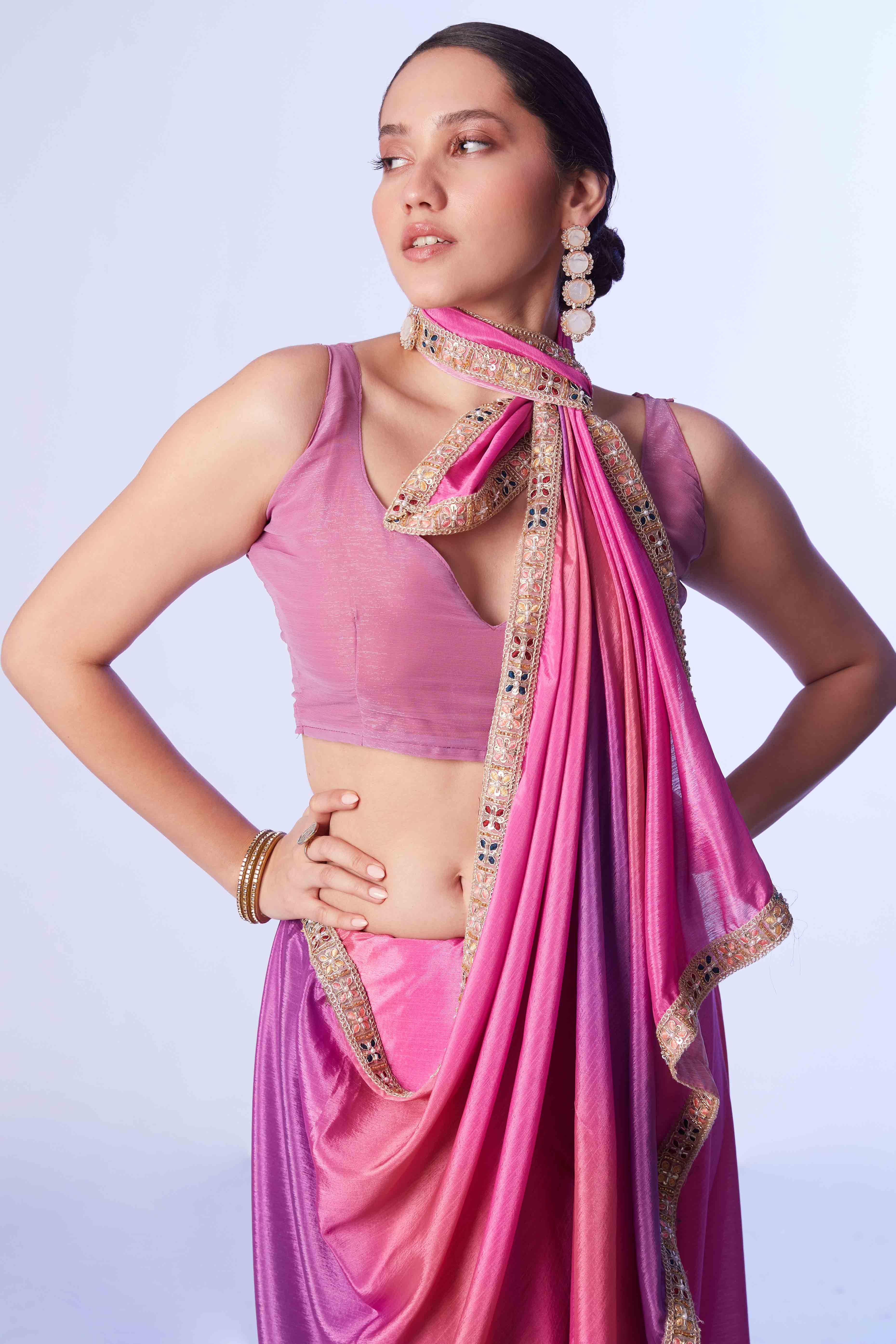 Pink Ombre Bliss Chinon Solid Saree - Image 7
