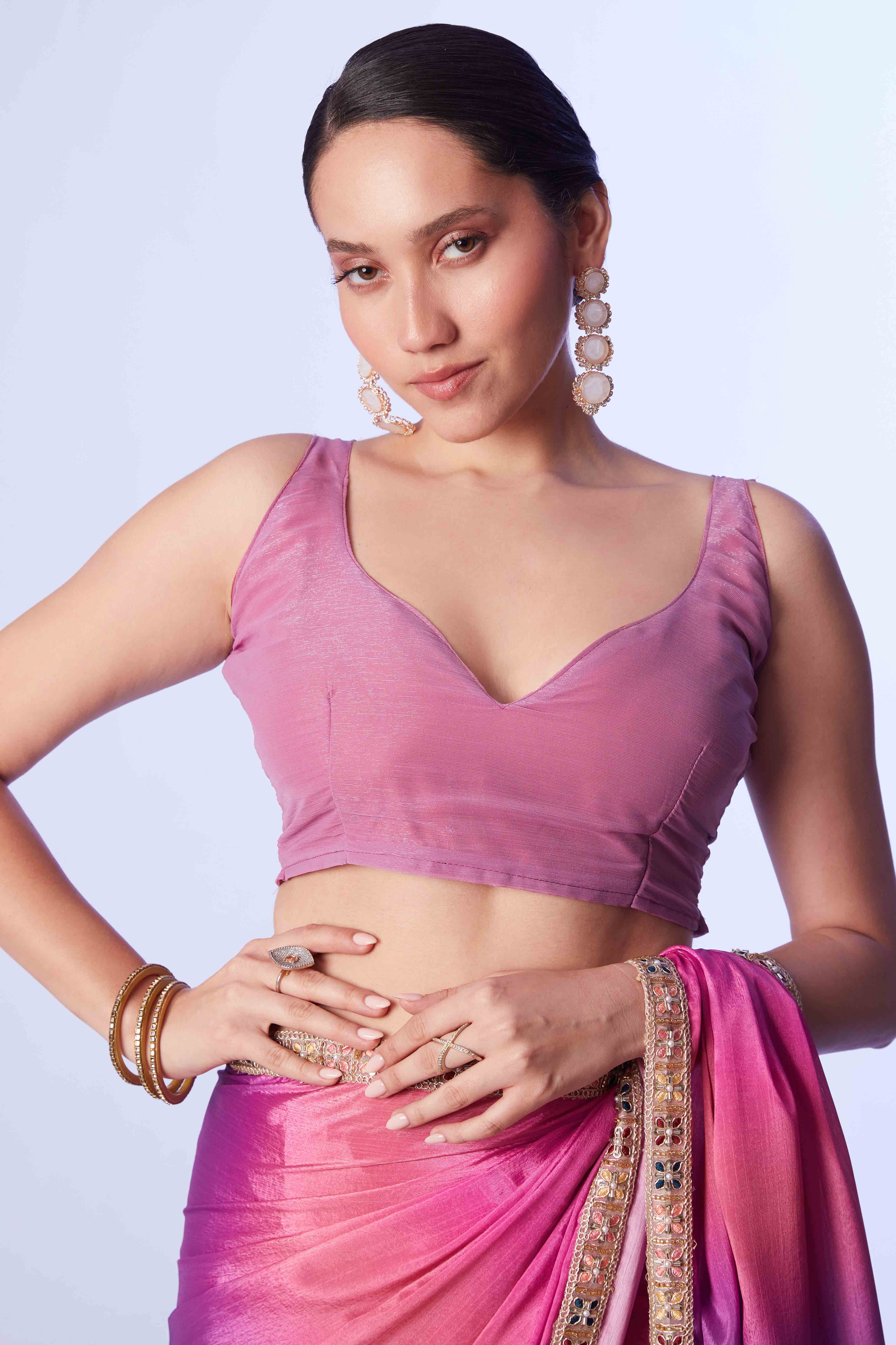 Pink Ombre Bliss Chinon Solid Saree - Image 8