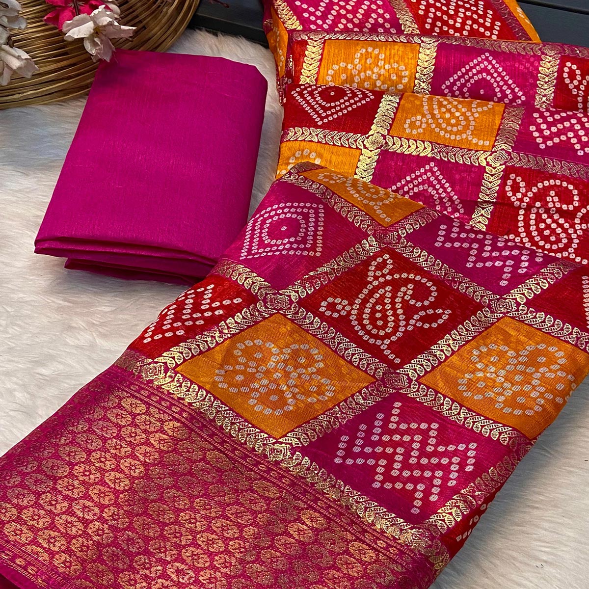 Pink & Orange Bandhani Foil Printed Dola Silk Saree With Woven Border - Image 2