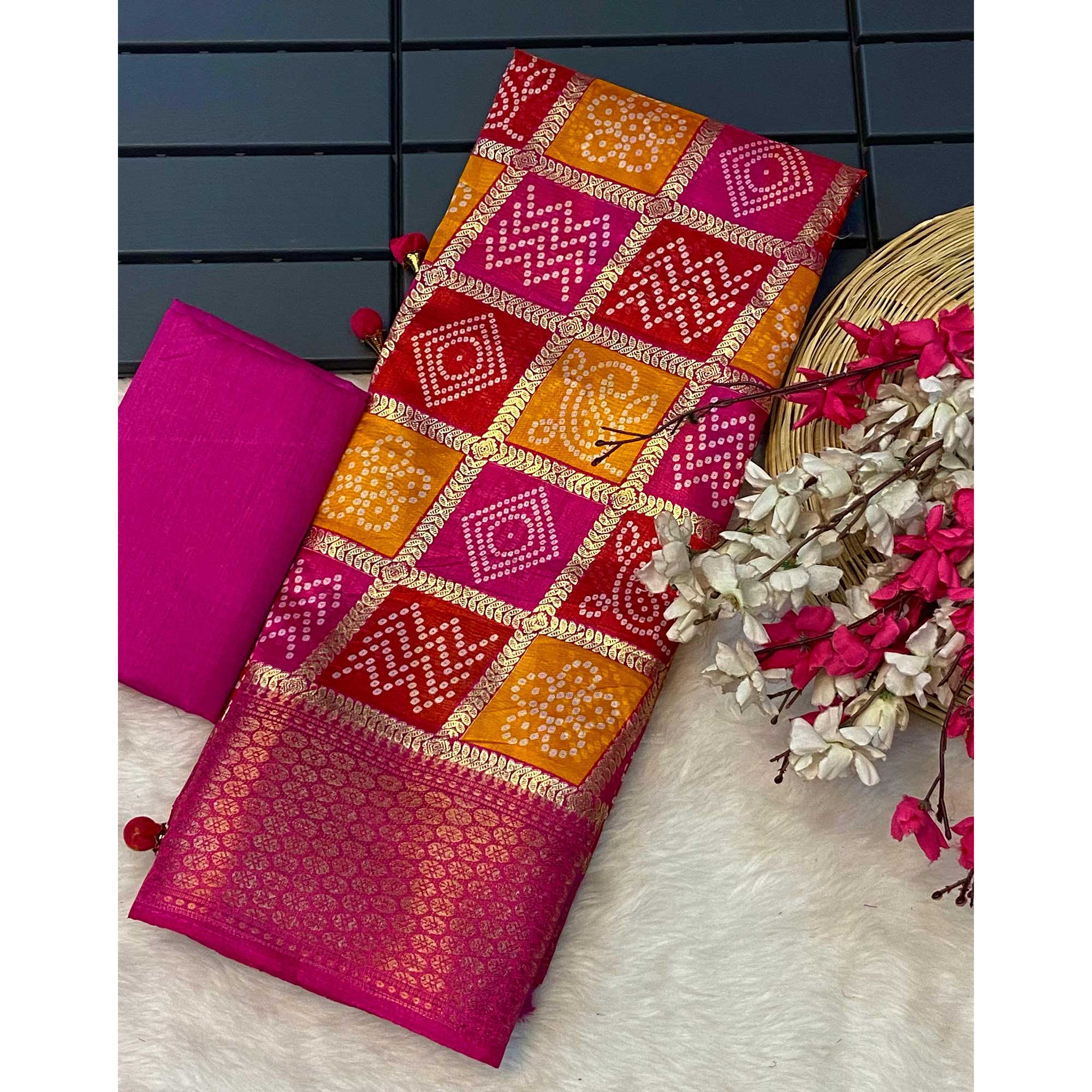 Pink & Orange Bandhani Foil Printed Dola Silk Saree With Woven Border - Image 3