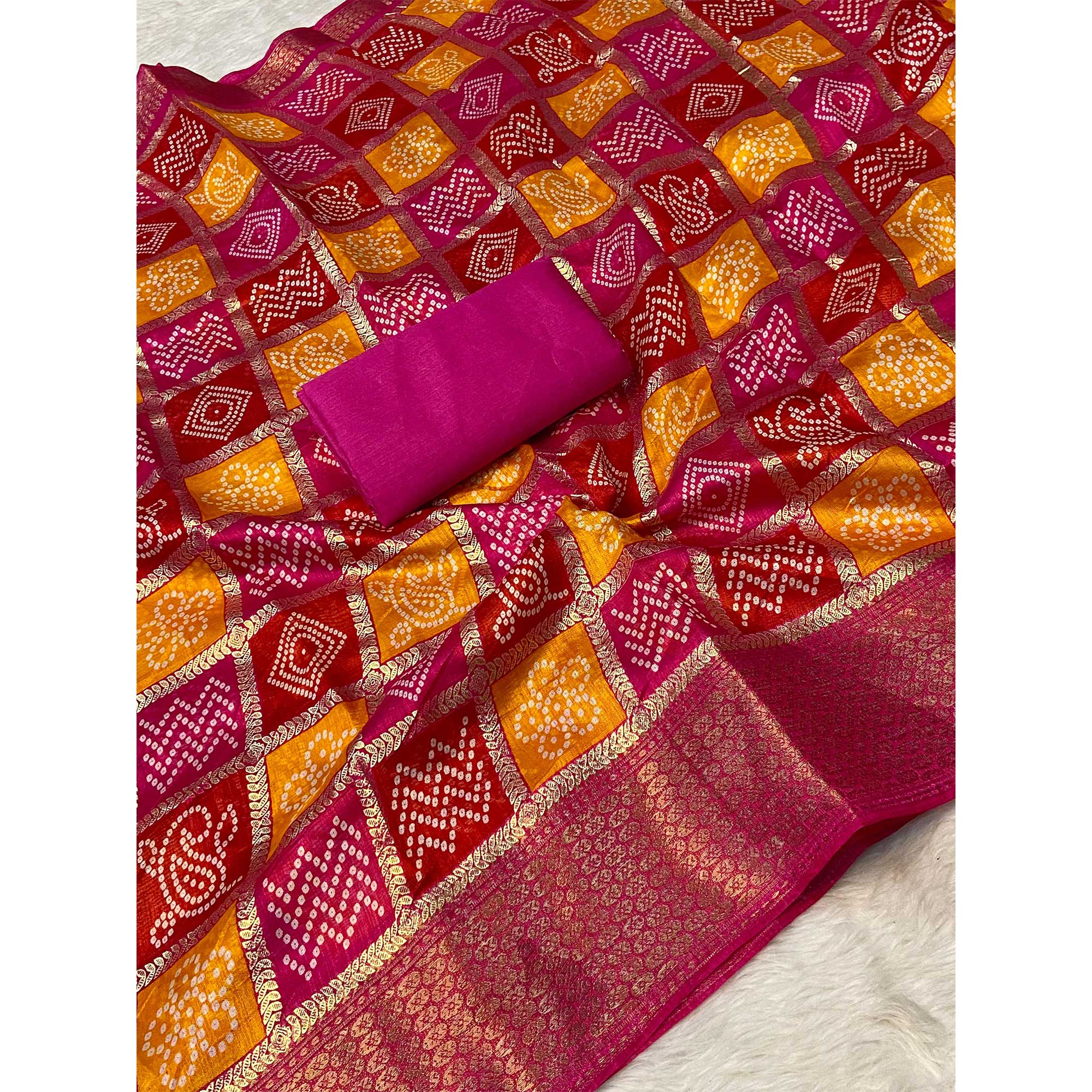 Pink & Orange Bandhani Foil Printed Dola Silk Saree With Woven Border - Image 4